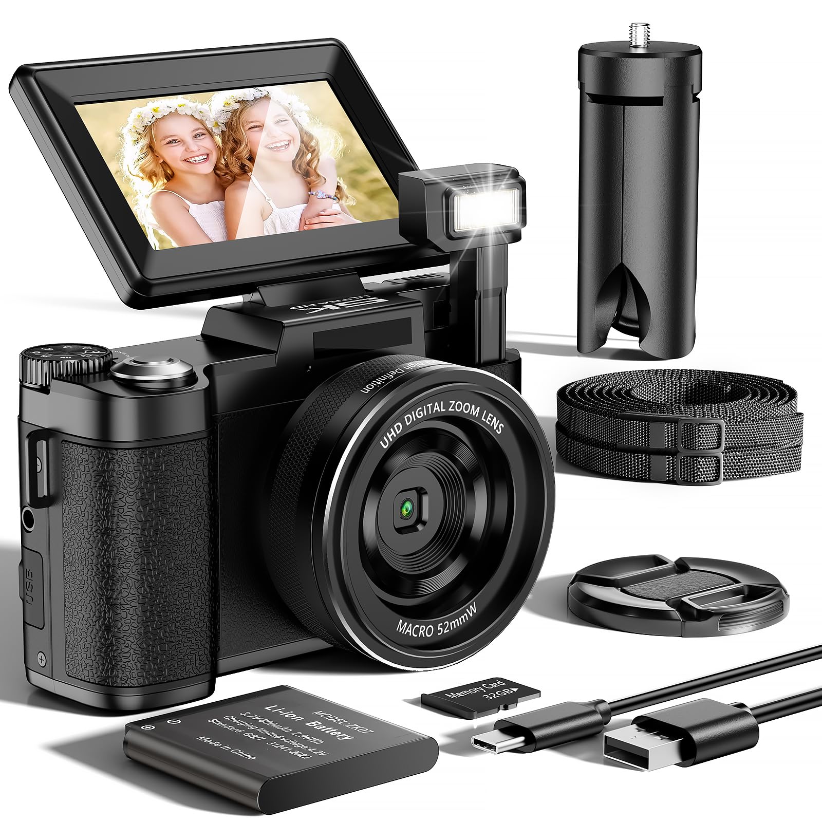 Camara de Fotos 5K 64MP Zoom Digital 18X Camara Digital Enfoque Automático, Pantalla IPS de 3" 180°, Camara Vlogging con Tarjeta de Memoria de 32GB, Batería de 800mAh, Ideal para Principiantes Jóvenes