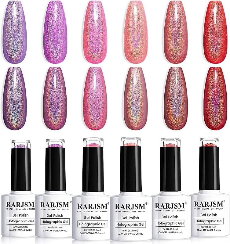 RARJSM Juego de esmaltes de uñas de gel holográfico, colores de verano, kit de esmaltes de gel con purpurina, oro rosa, rosa fuerte, rojo, violeta, morado brillante, 6 piezas, 0.2 fl oz, curado requerido, efecto láser de espejo de unicornio para salón de manicura en casa