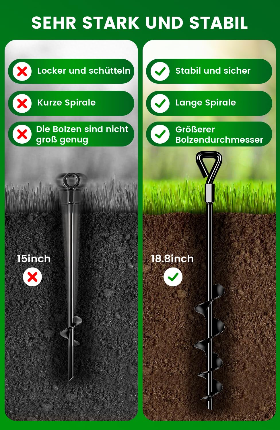 Piquets d'ancrage au sol 48 cm, lot de 4 Piquets d'ancrage Premium Secure version améliorée à visser pour la fixation de tentes, trampolines, chiens, abris, etc., résistent au vent fort
