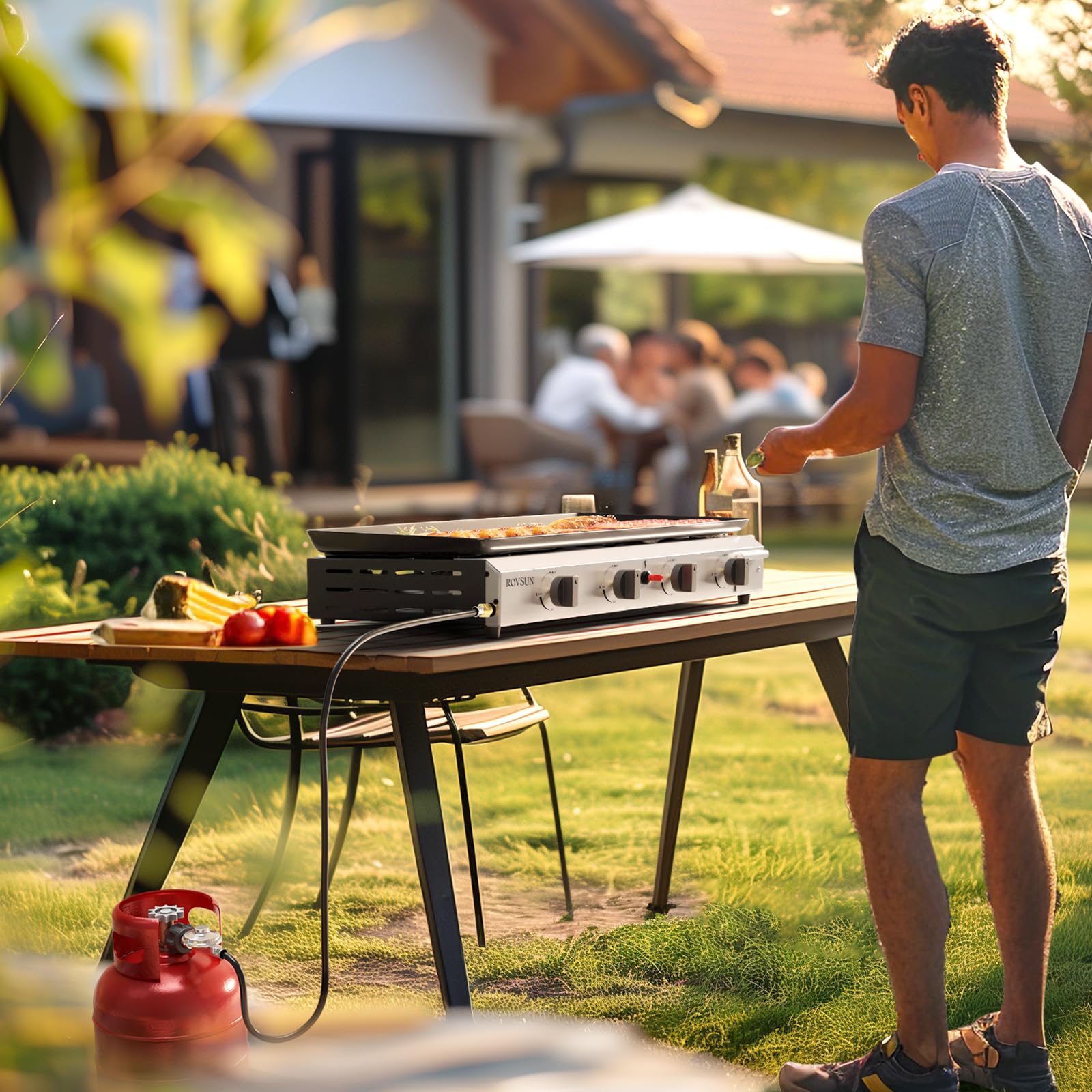 ROVSUN Gasgrill Camping Gas Grill Camping Tischgrill aus Edelstahl, mit 4 Brennern, 9,6 kW, Emaillierter Antihaft-Grillplatte & Ein-Klick-Zündung für Camping, Garten & Strand, 76x39x16 cm