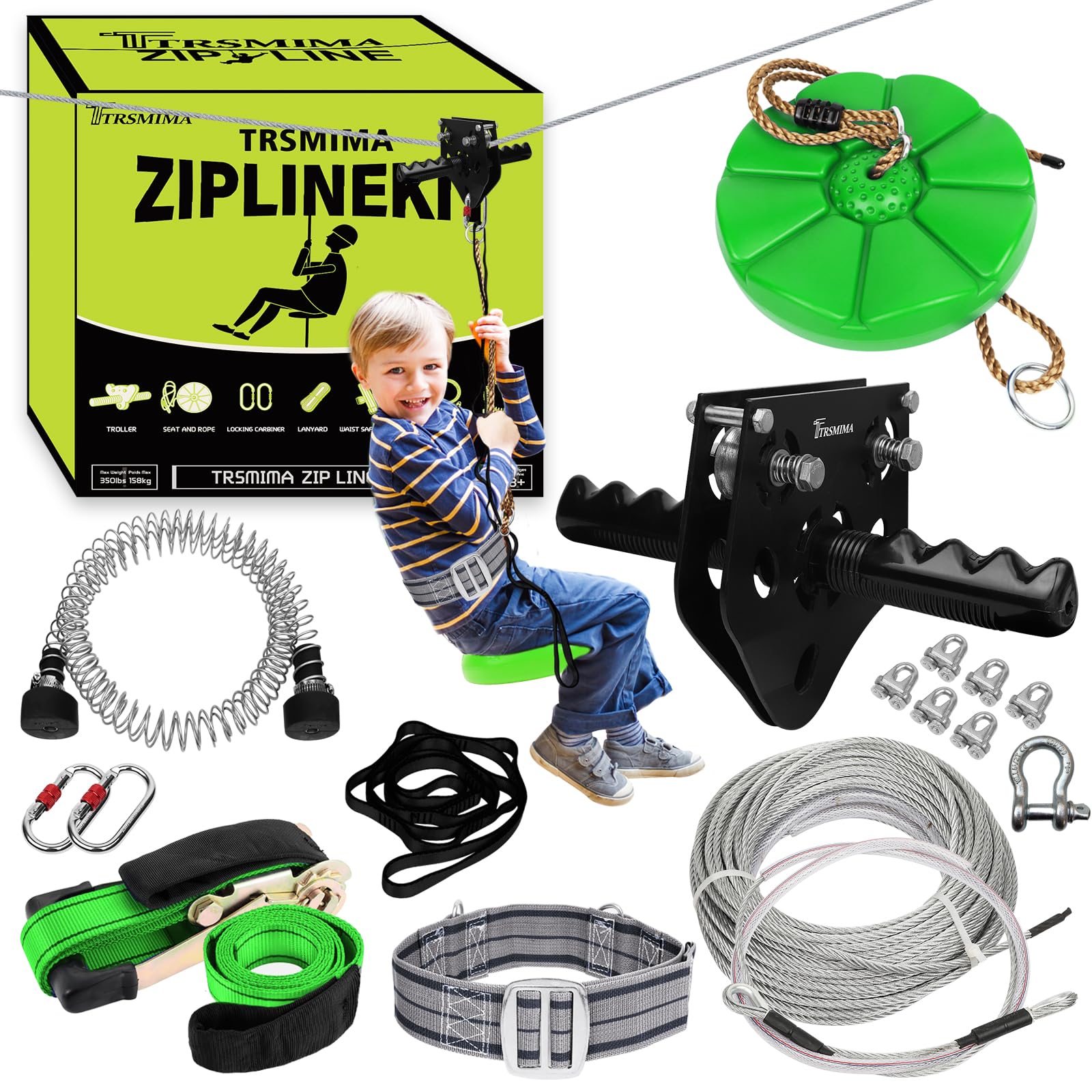 TRSMIMA Zipline Kit for Kids and Adult 200ft Zipline with Spring Brake Safety Harness Zip line Trolley Ratchet Tighten System Support 330 lbs