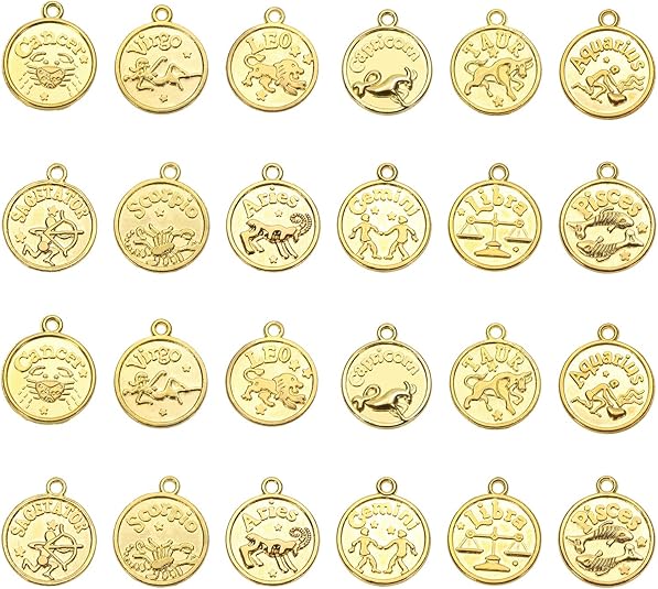 Tupalizy 24PCS Zodiac Sign Charms Bulk for Necklaces Bracelets Keychain Earrings Jewelry Making Chokers Vintage Round 12 Constellation Pendants for DIY Craft Birthday Christmas Gifts