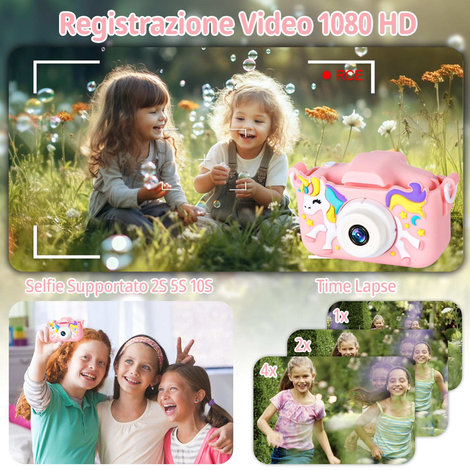 Macchina Fotografica Bambini, 2.0 Pollici Schermo Fotocamera Bambini, 1080P Ricaricabile Fotocamera Digitale con Scheda 32GB, Regali Giocattolo di Natale & Compleanno per Ragazze Ragazzi