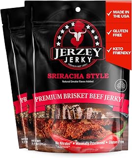 Jerzey Jerky Sriracha Style Brisket Jerky 2.5oz (2 Pack) – High Protein, Gluten Free and Healthy Beef Snacks with Rich, Authentic Flavor