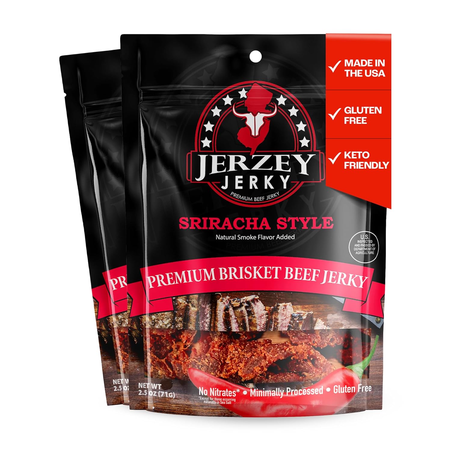 Jerzey Jerky Sriracha Style Brisket Jerky 2.5oz (2 Pack) – High Protein, Gluten Free and Healthy Beef Snacks with Rich, Authentic Flavor
