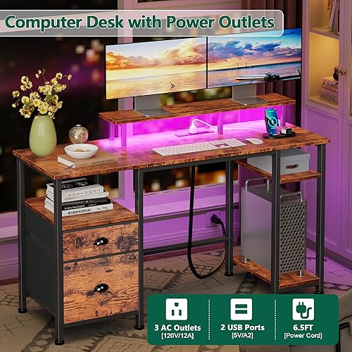 Miniatura 3 de Furologee Escritorio para computadora de 51 pulgadas con toma de corriente y luces LED, escritorio reversible para oficina en casa con archivador y