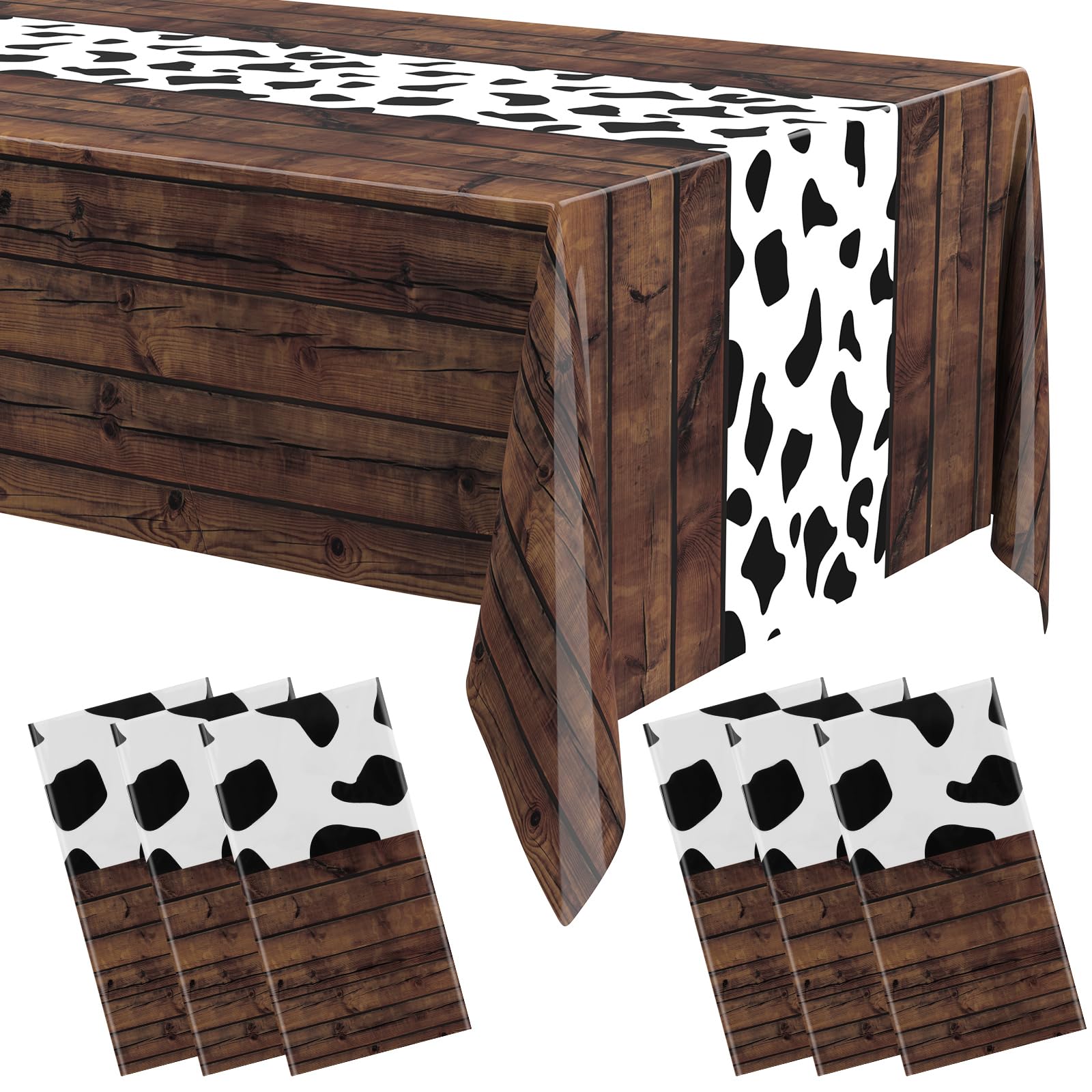 Remagr 6 Pcs 54 x 108 Inch Cow Print Table Cloth Western Table Runner for Cowboy Cowgirl Party Decor My First Rodeo Highland Rustic Plastic Tablecloth