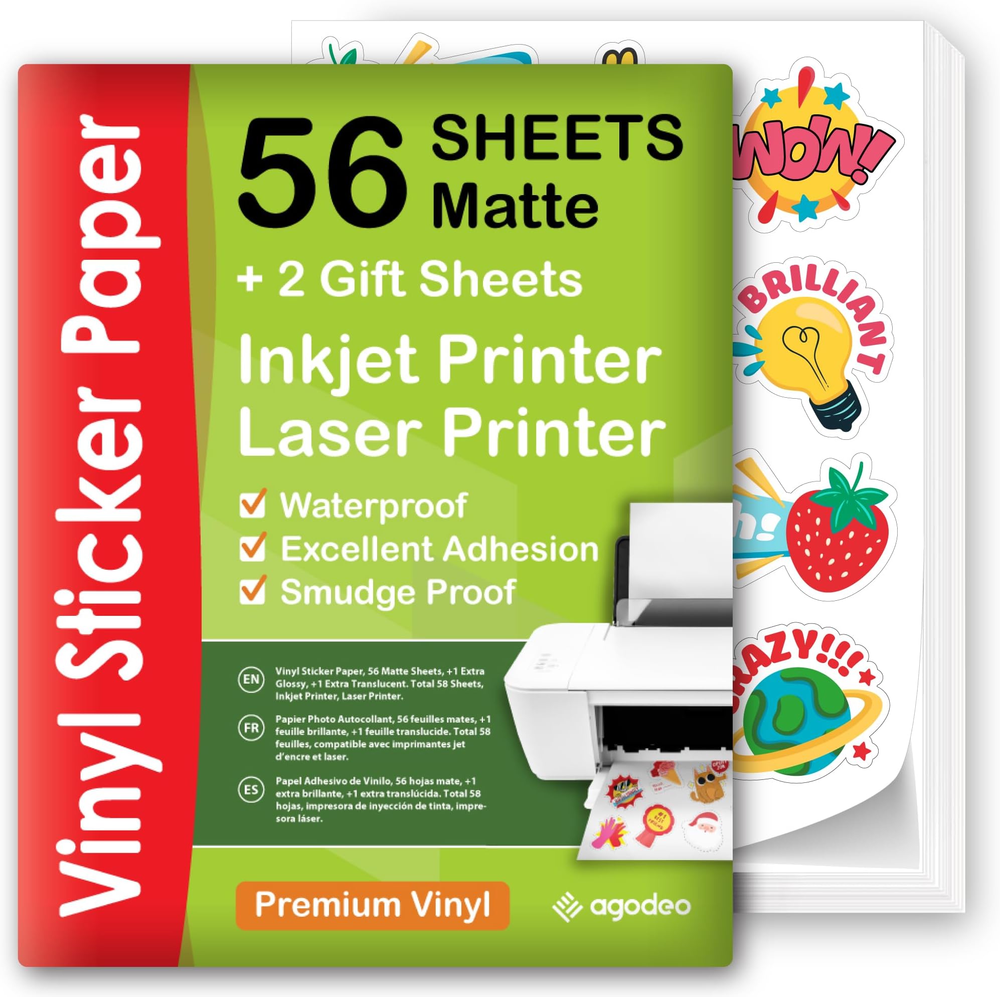 Premium Printable Vinyl Sticker Paper for Inkjet & Laser Printer - 56 Sheets Self-Adhesive Sheets Matte White Waterproof, Dries Quickly Vivid Colors, Holds Ink Well - Tear Resistant