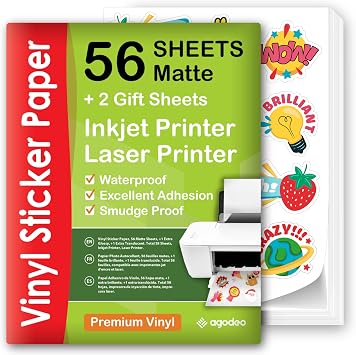 Premium Printable Vinyl Sticker Paper for Inkjet & Laser Printer - 56 Sheets Self-Adhesive Sheets Matte White Waterproof, Dries Quickly Vivid Colors, Holds Ink Well - Tear Resistant