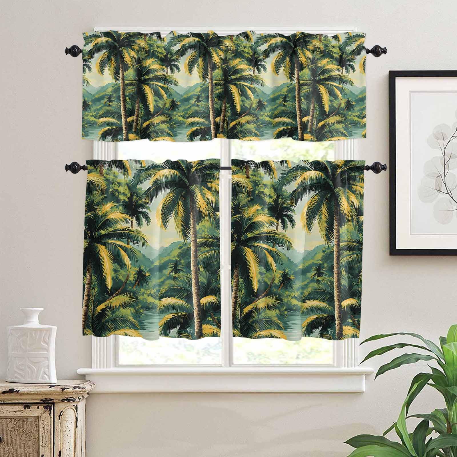Summer Palm Tree Kitchen Curtains 36 Inch Length,3 Piece Rod Pocket Small Half Tiers and Valance Set,Tropical Plant Leaves Nature Landscape Small Large Window Treatment Decor for Bedroom/Bathroom