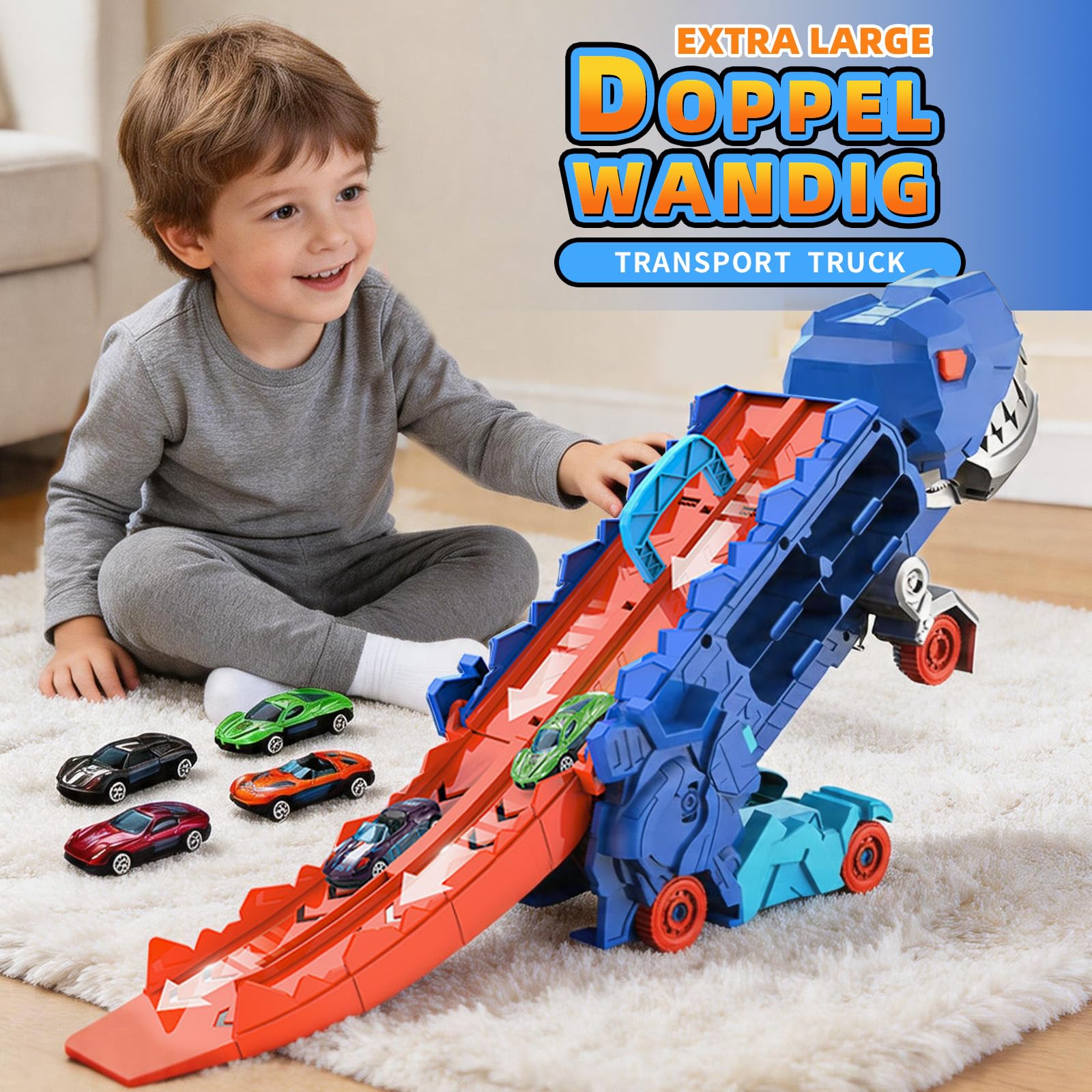 Xylota Dinosaurier Transport Truck Spielzeug für Jungen ab 3 4 5 6 7 Jahren – 2-in-1 Rennstrecke zum Umklappen mit 12 Pull-Back Autos & Dinos, Geschenkbox inklusive (Blau)