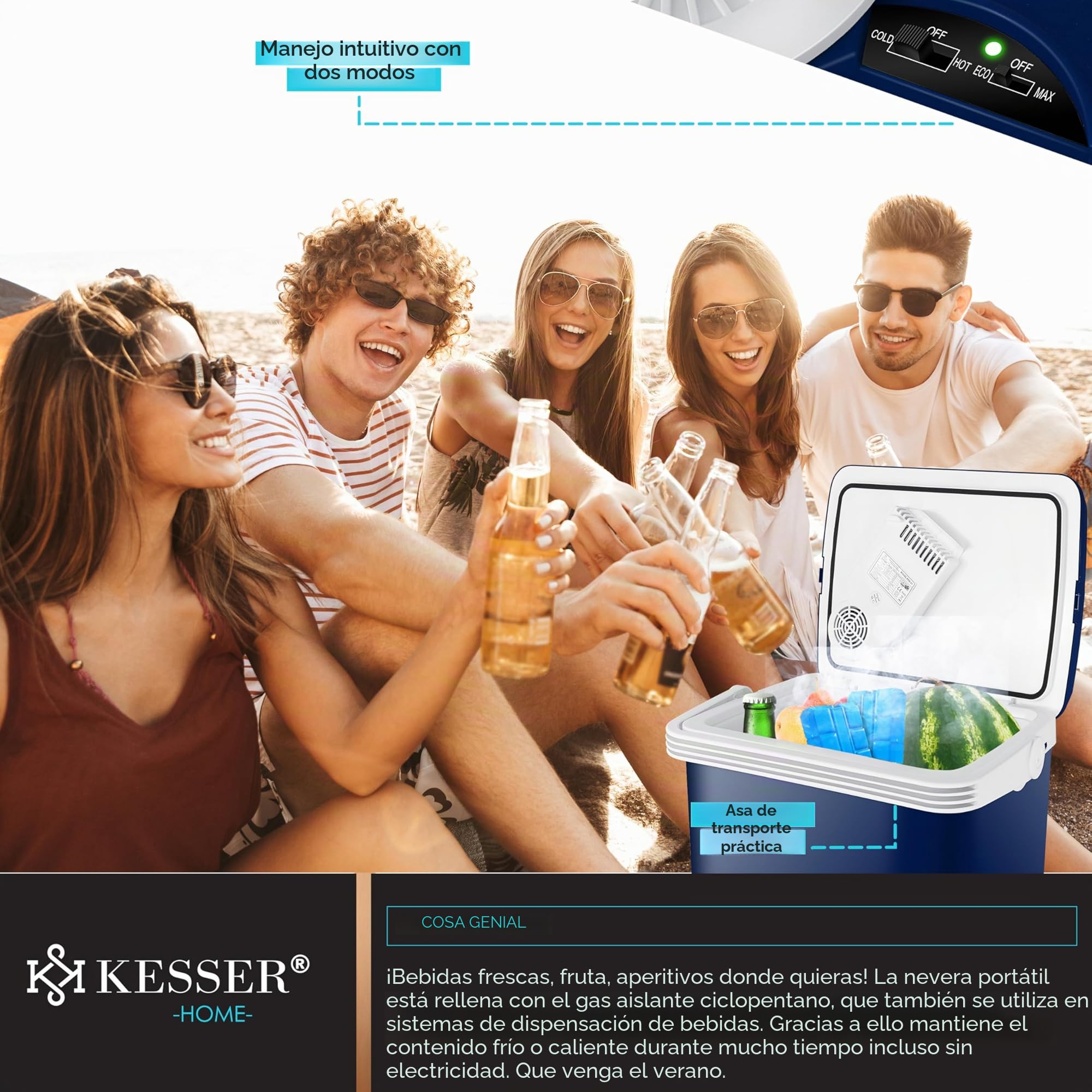 KESSER® Nevera eléctrica portátil de 32 L 12 V, Enchufe de 230 V | ENFRÍA y CALIENTA | Refrigerador Termoeléctrica | con 2X acumulador de frío