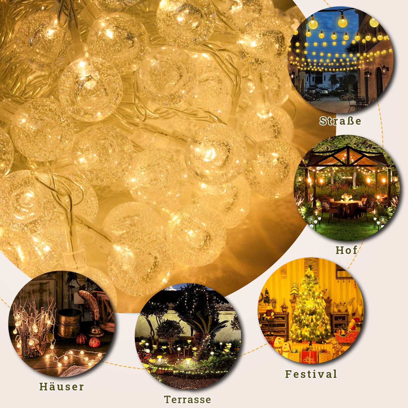 NAIZY Catena di Luci a LED a Sfera 30m Bianco Caldo 8 Modalità Catena Luminosa a LED per Natale, Matrimonio e Feste, Linea Trasparente
