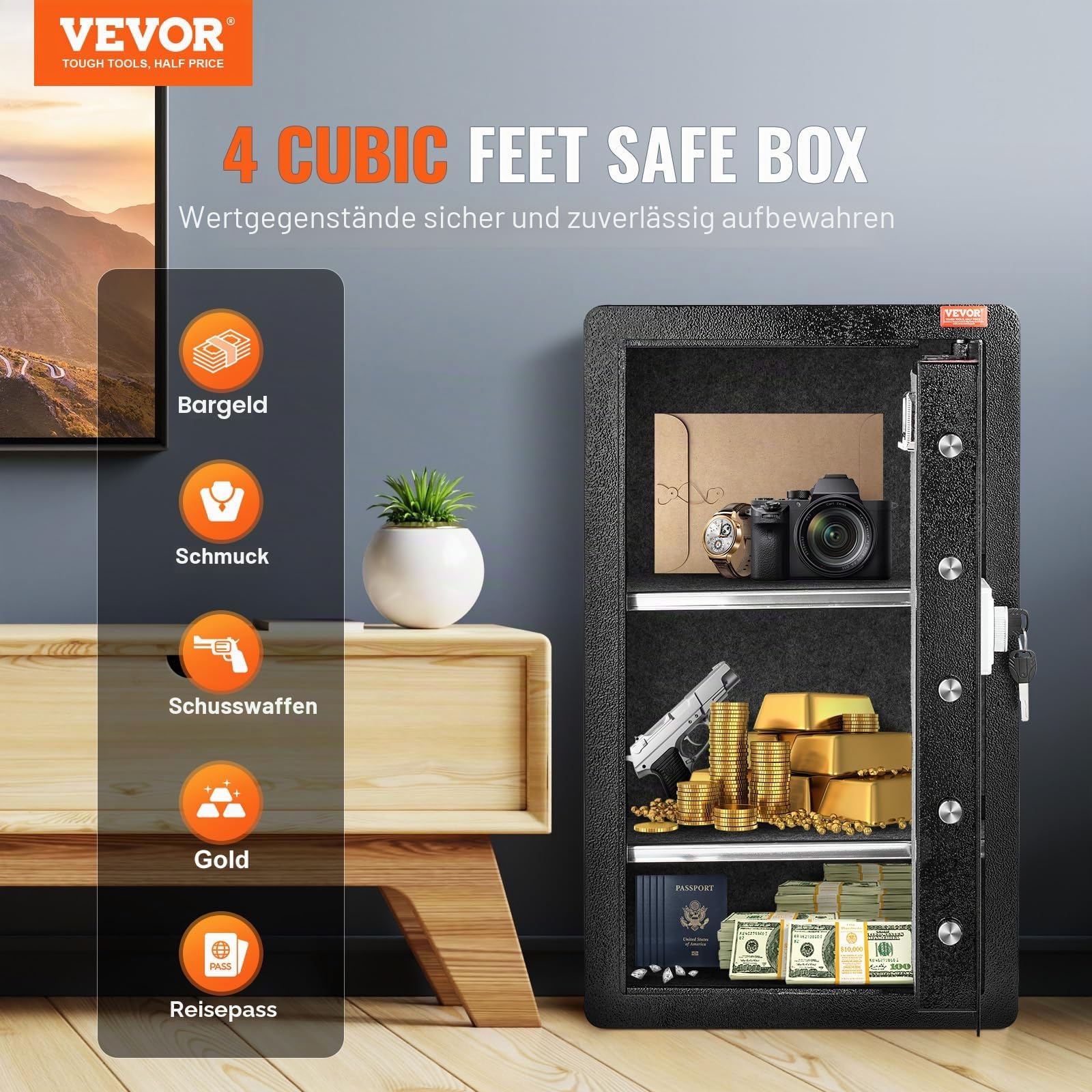 VEVOR Safe Tresor mit feuerfester Geldtasche, Einzeltür-Safe 5,5 Kubikfuß, 2 Trennwände, digitaler Möbeltresor mit Schlüssel Code Fingerabdruck, Wertsachenbox für Geld Schmuck, Geldtresor Schwarz
