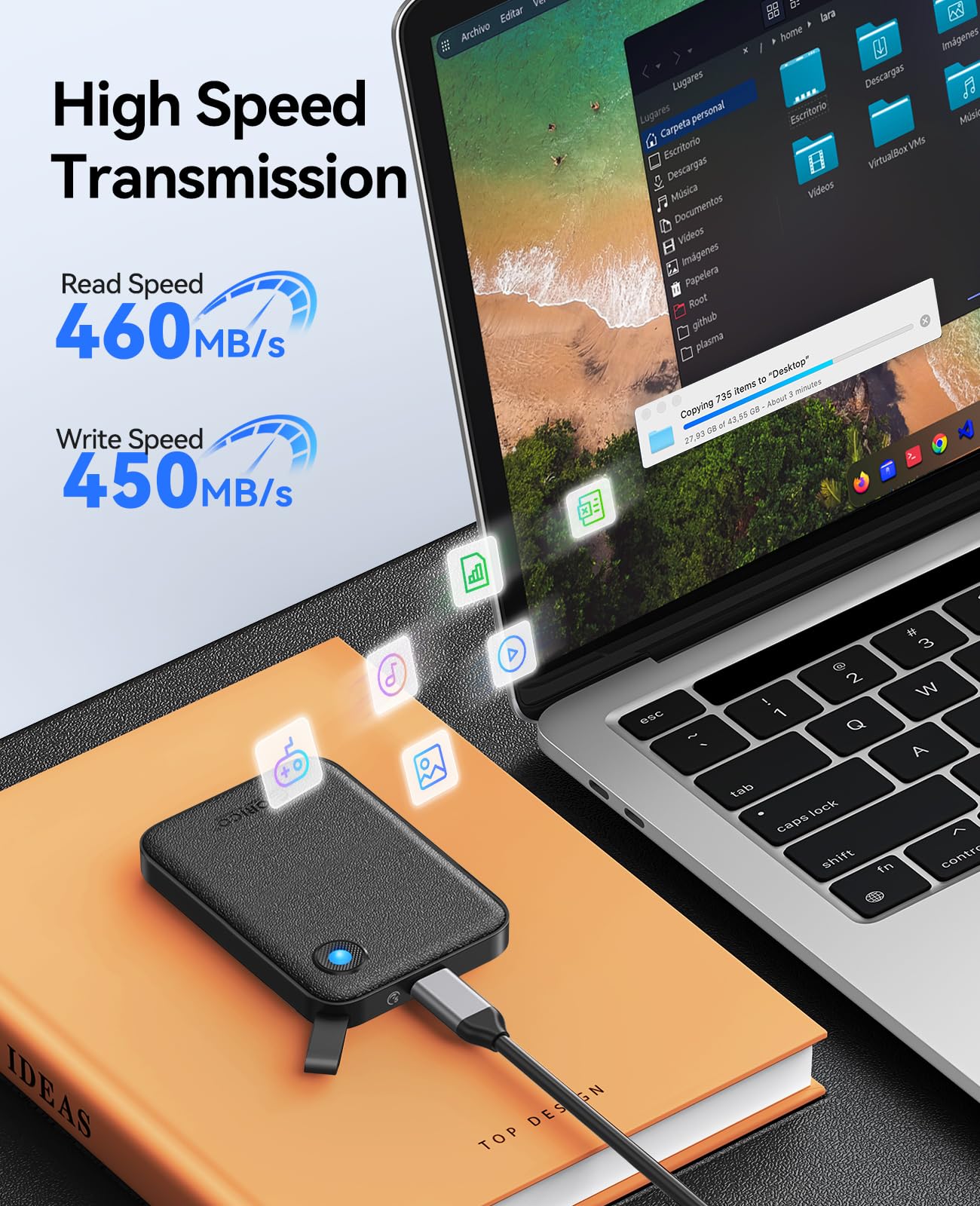 ORICO SSD Portátil Extremo 480GB, hasta 460 MB/s, SSD NVMe Portátil con Cable USB C 2 en 1 para iPhone 15/16/17, Mac, PC, Smartphone y Consola de Juegos, B5Plus-VB