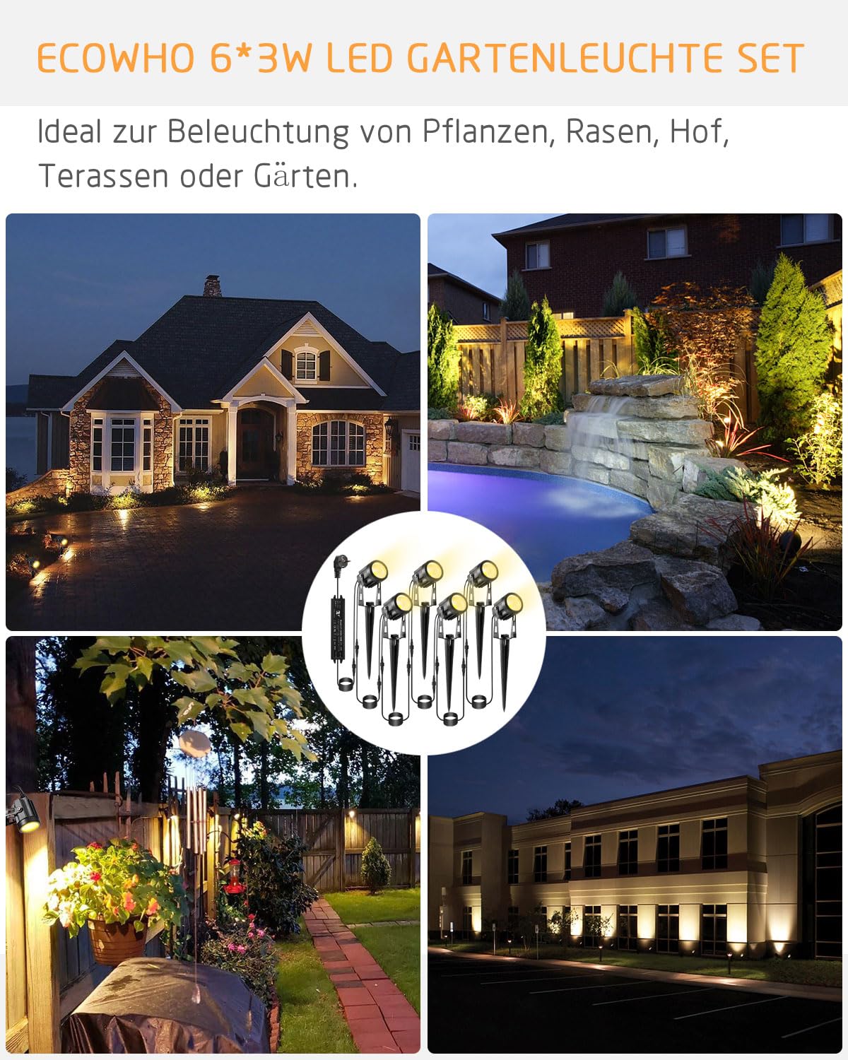 ECOWHO Gartenbeleuchtung, 6er Set Gartenleuchte mit Erdspieß, IP65 Wasserdicht LED Gartenstrahler mit Stecker, Warmweiß Scheinwerfer Gartenlampe Wegbeleuchtung Spot Außenbeleuchtung für Outdoor