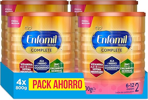 Enfamil Pack Ahorro, Enfamil Premium Complete 2, Fórmula Leche infantil de Continuacion para Lactantes Bebés de 6 a 12 meses, 4x800gr