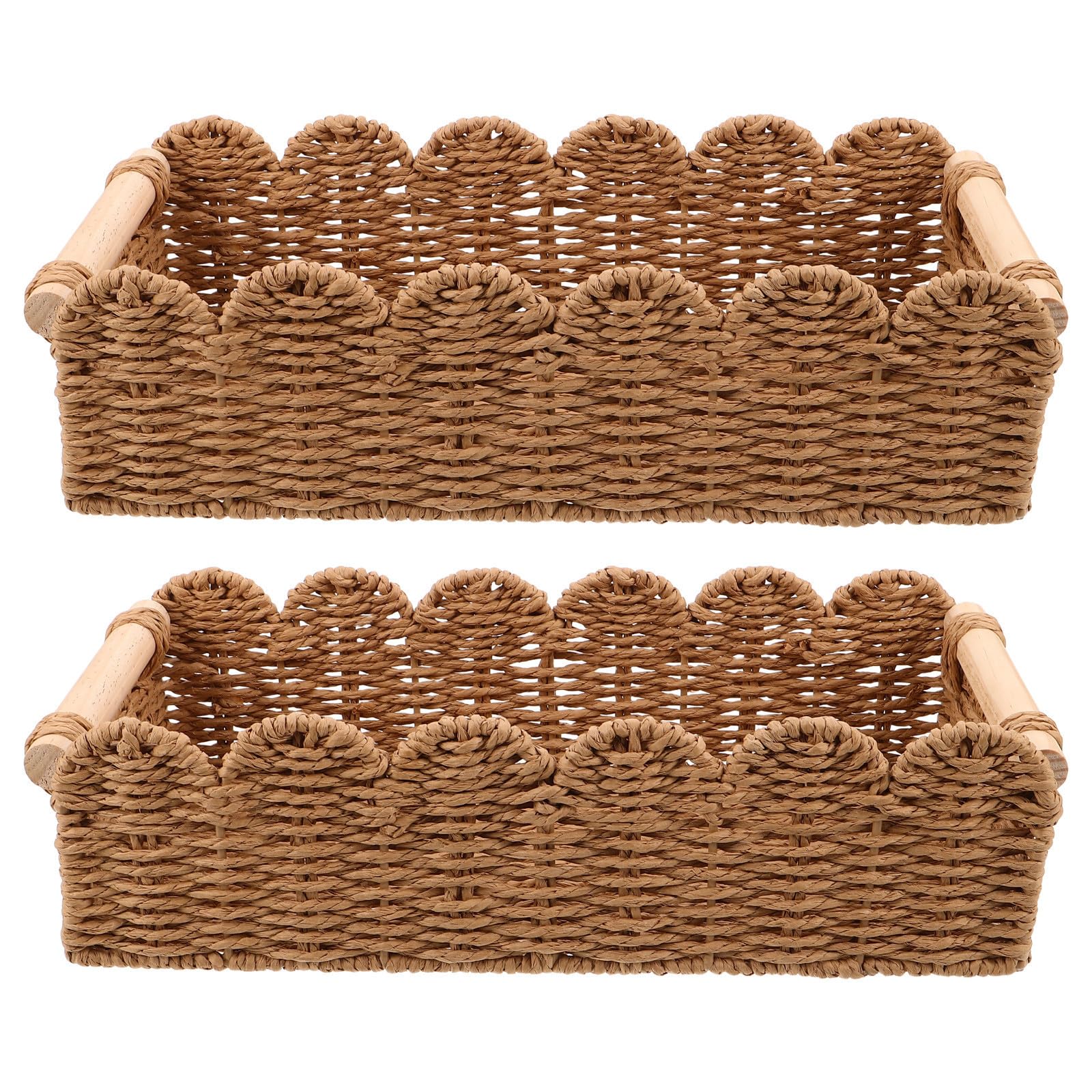 Cesta de Almacenamiento Tejida a Mano Marrón 2 Piezas Cesta de Almacenaje de Papel Higiénico con Asa de Madera Papel Borde Festoneado para Baño Inodoro