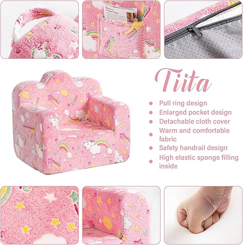 Miniatura 29 de Tiita Silla infantil de felpa para niños, sofá de felpa que brilla en la oscuridad, sofá para niños pequeños con funda lavable, asa de transporte,