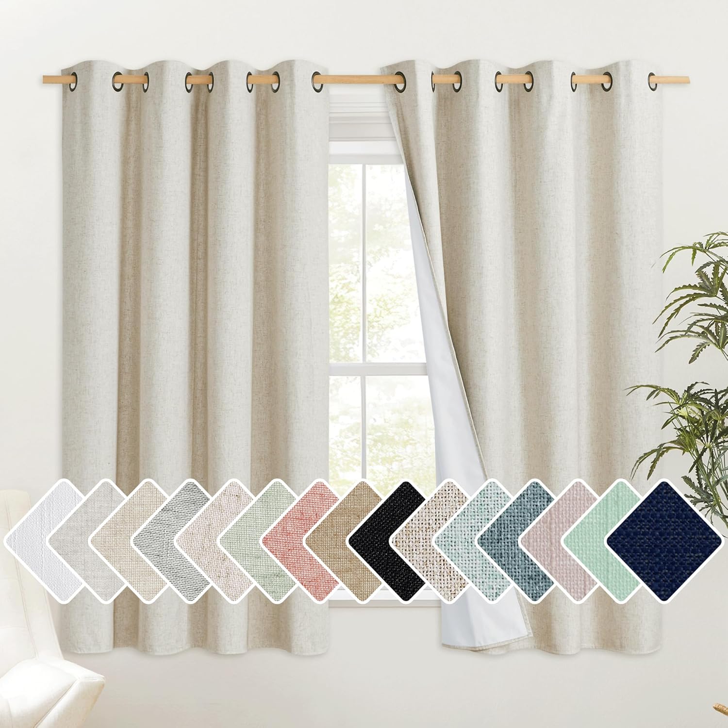 NICETOWN Short Blackout Curtains 63 Inches Long Burlap Linen Drapes with Thermal Insulated White