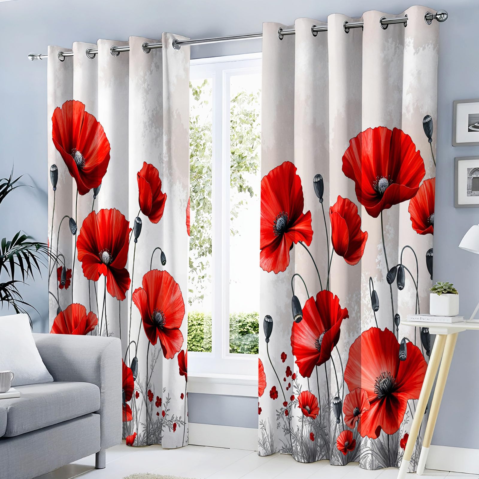 Rideaux occultants thermiques fleur de pavot rouge grisâtre à oeillets pour chambre