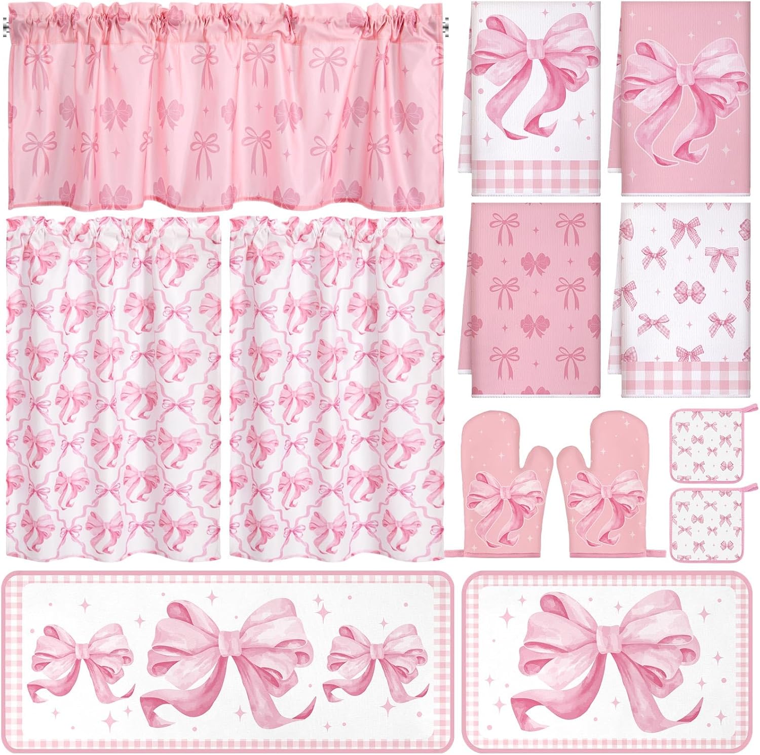 13 Pcs Pink Bow Kitchen Decor Set 4 Coquette Kitchen Towels 2 Cute Nonslip Rugs and Mats 3 Pink Curtains Valance 2 Pot Holders 2 Oven Mitts for Home Decoration Mom Cooking Grilling Baking Gift