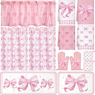 Fourluoo 13 Pcs Pink Bow Kitchen Towel Set Rug Curtains Pot Holders | Nonslip Mat Cooking Baking, Coquette Valance, Oven Mitt Grilling, Kitchen Accessories Gift Women Mom, Home Decoration