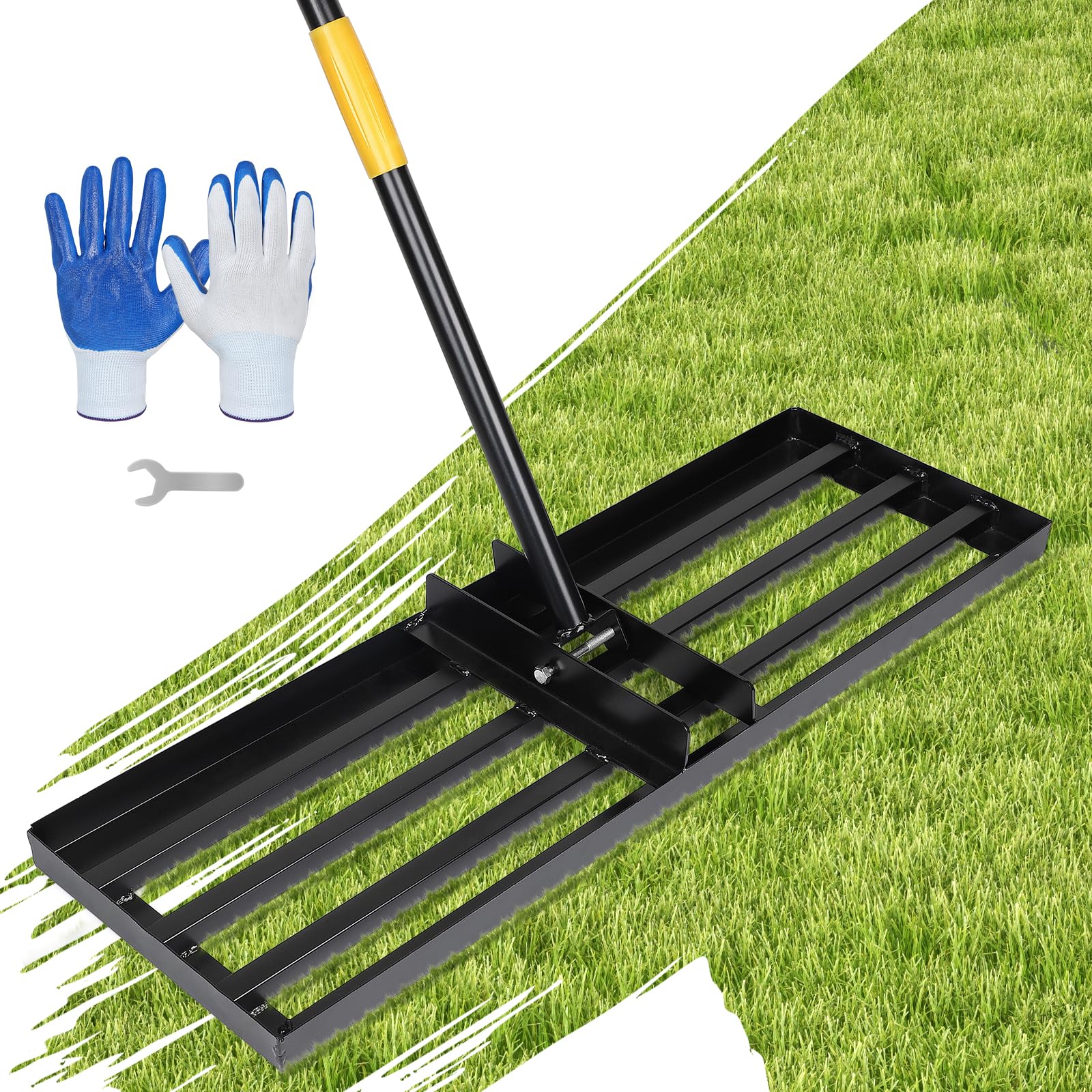 DBREAKS Rastrello Livellatore per Prato, 75 x 26 x 182 cm, Livellatore Prato in Acciaio inox, Rastrello per livellamento del Prato con Barra Regolabile e Manico in Antiscivolo, per Patii, Giardini