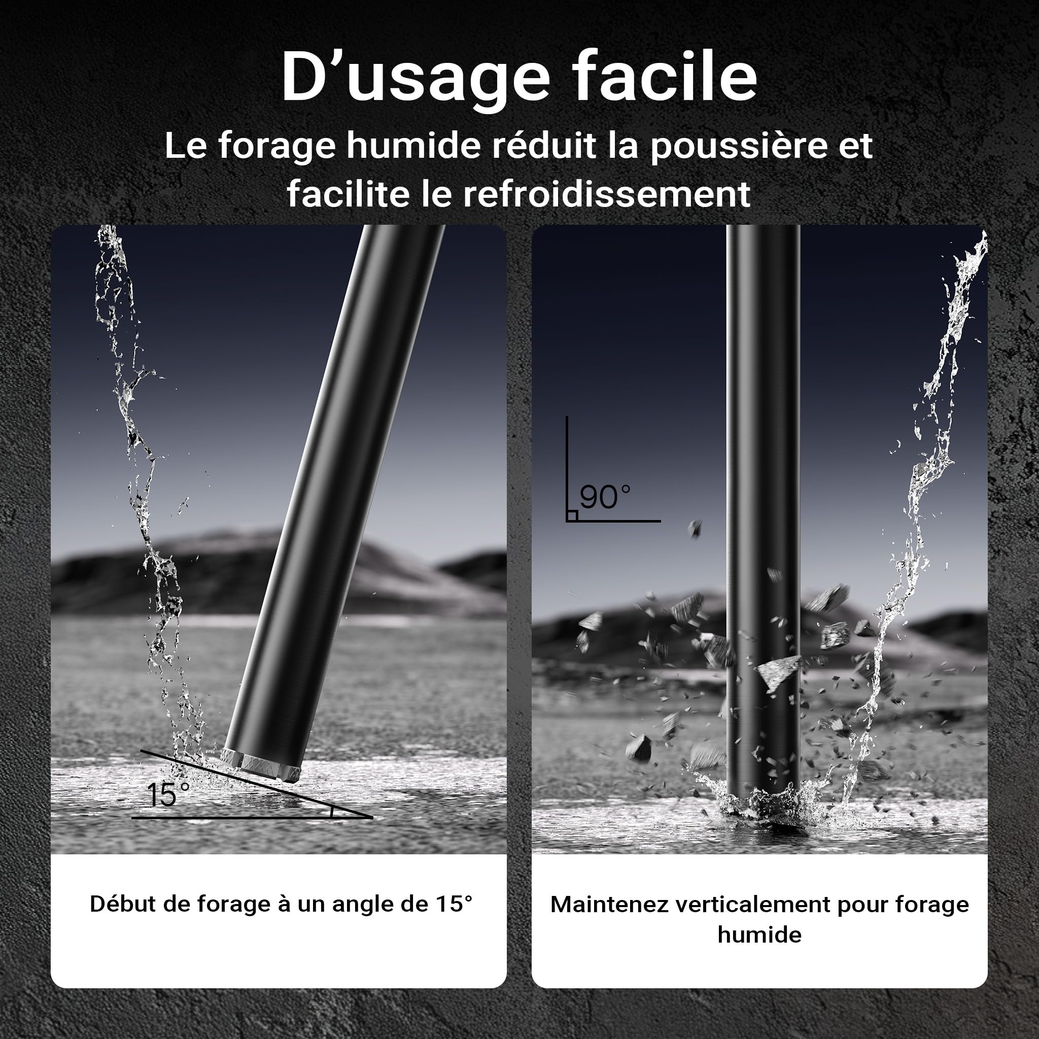 Wiltec Foret diamant pour Carotteuse Ø 52 mm – Haut rendement – 1¼ UNC – Longueur 450 mm – Métal fritté – Forage à humide – Chantier Carrelage Béton – Trépan Couronne Diamant