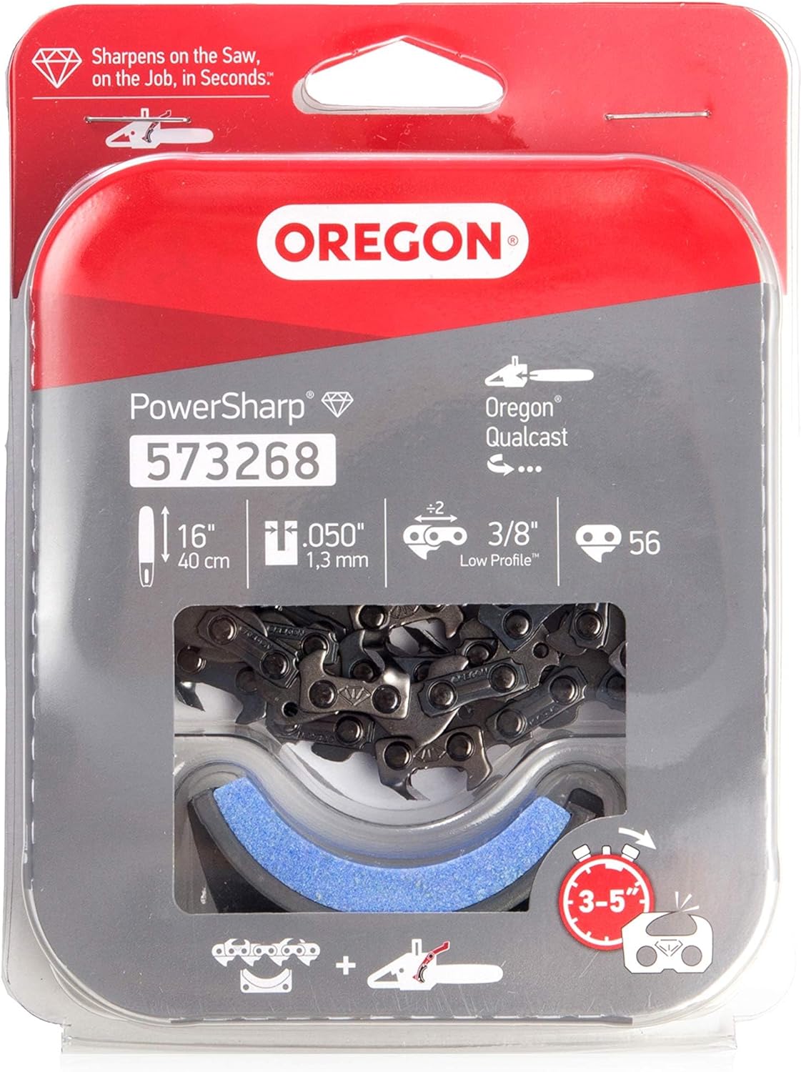Oregon PowerSharp CS300 Chainsaw Chain 573268, Saw Chain with 3/8", .050" (1.3mm) Gauge, 56 Drive Links for 16-Inch Bar, Low Kickback Chainsaw Chains, Fits Oregon CS300, Qualcast YT4353-02 Chainsaws