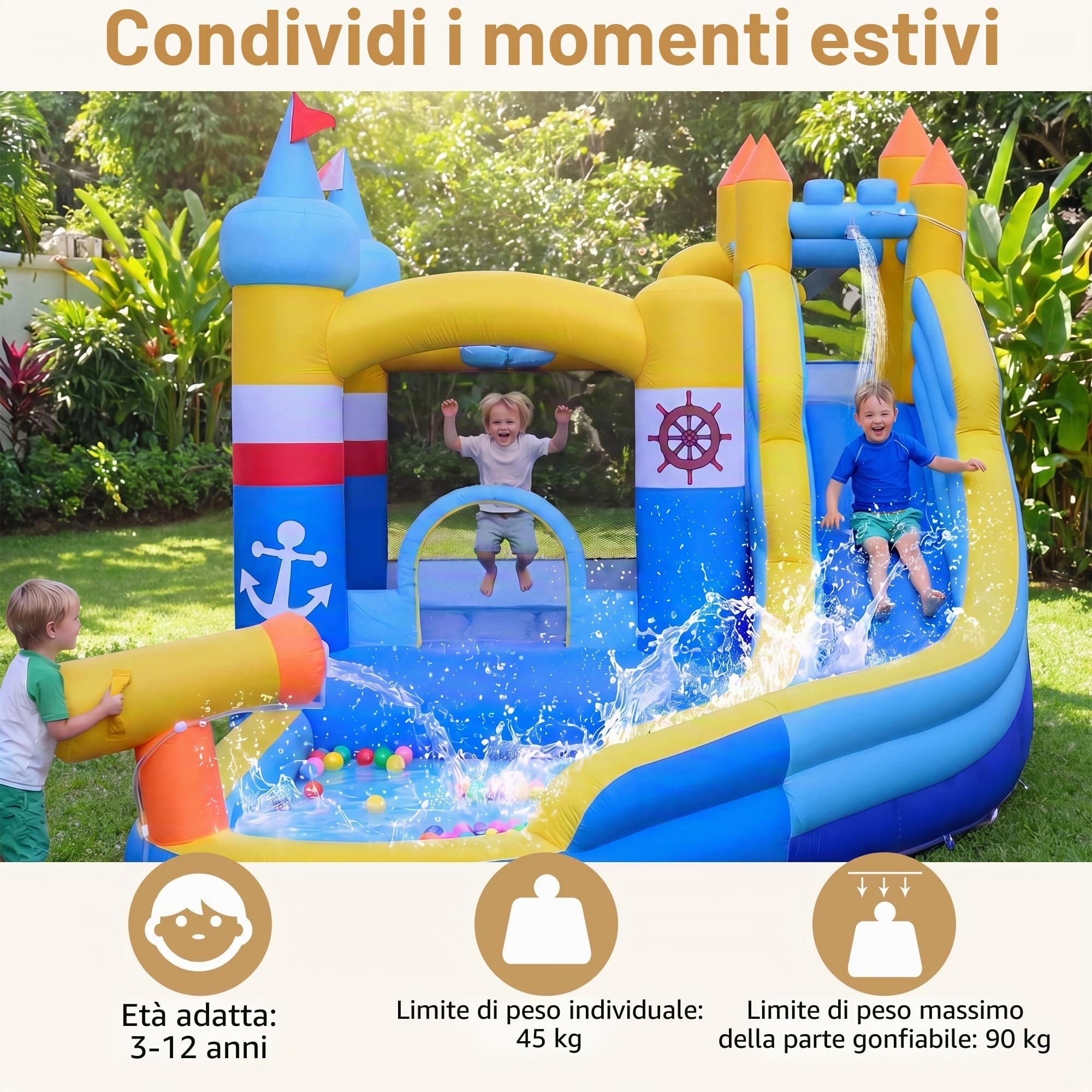 GIANTEX Castello Gonfiabile Capitano, Struttura Gonfiabile con Scivolo, Parete d’Arrampicata, Cannone ad Acqua, Cesto da Basket e Piscina di Palline, Adatto a Bambini da 3 a 12 Anni (Senza Soffiatore)