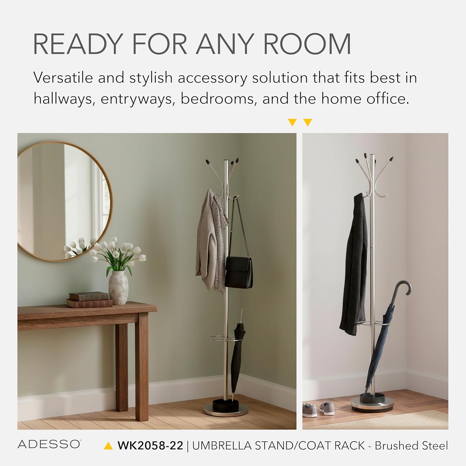 Adesso Brushed Steel Coat Rack & Umbrella Stand – 69” Tall Entryway Organizer with 6 Hooks, 10” Round Umbrella Holder, Water Tray, Home & Office Storage Solution