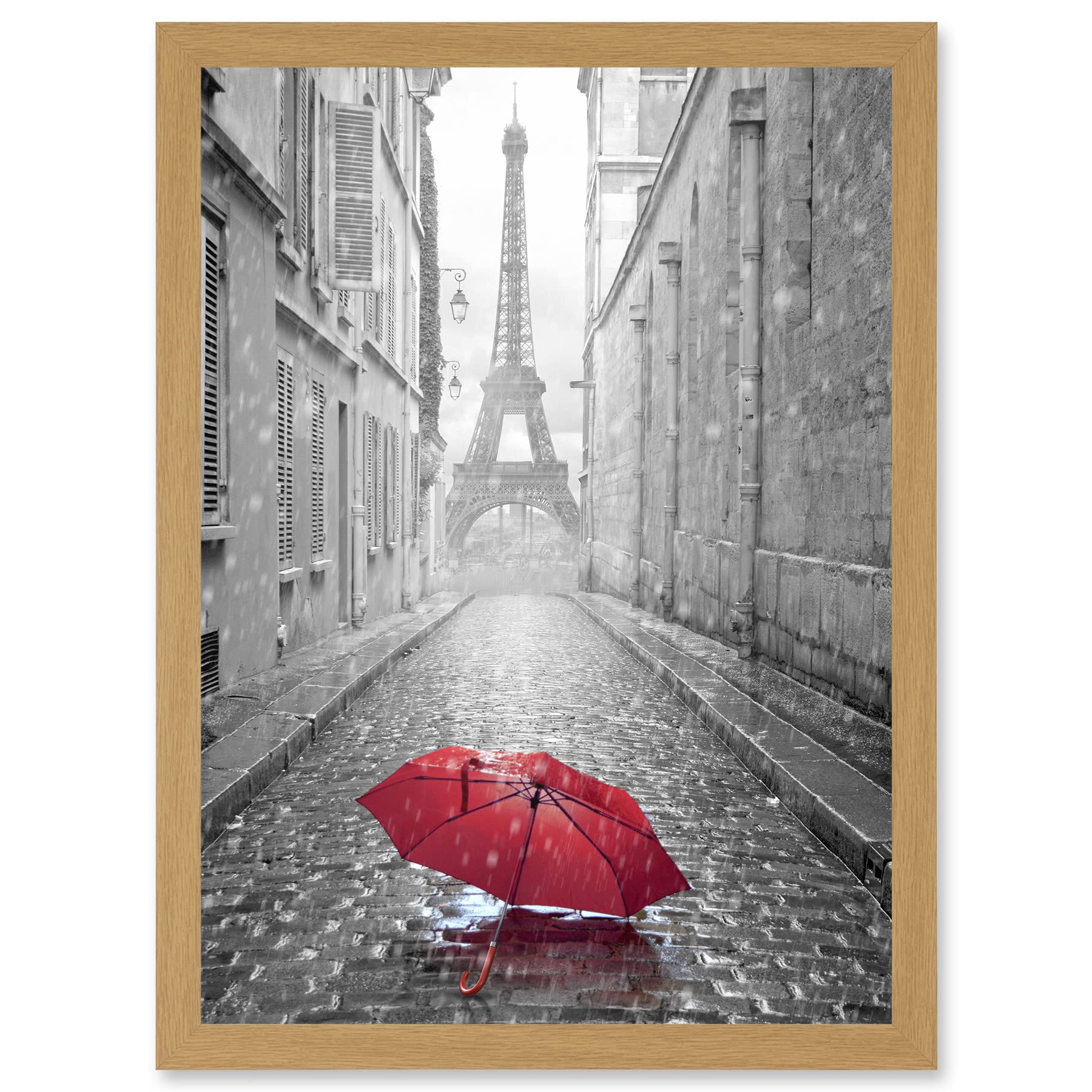 Eiffel Tower Paris Red Umbrella Rain Alley Cobbles Framed Art Print A4 - Artery8