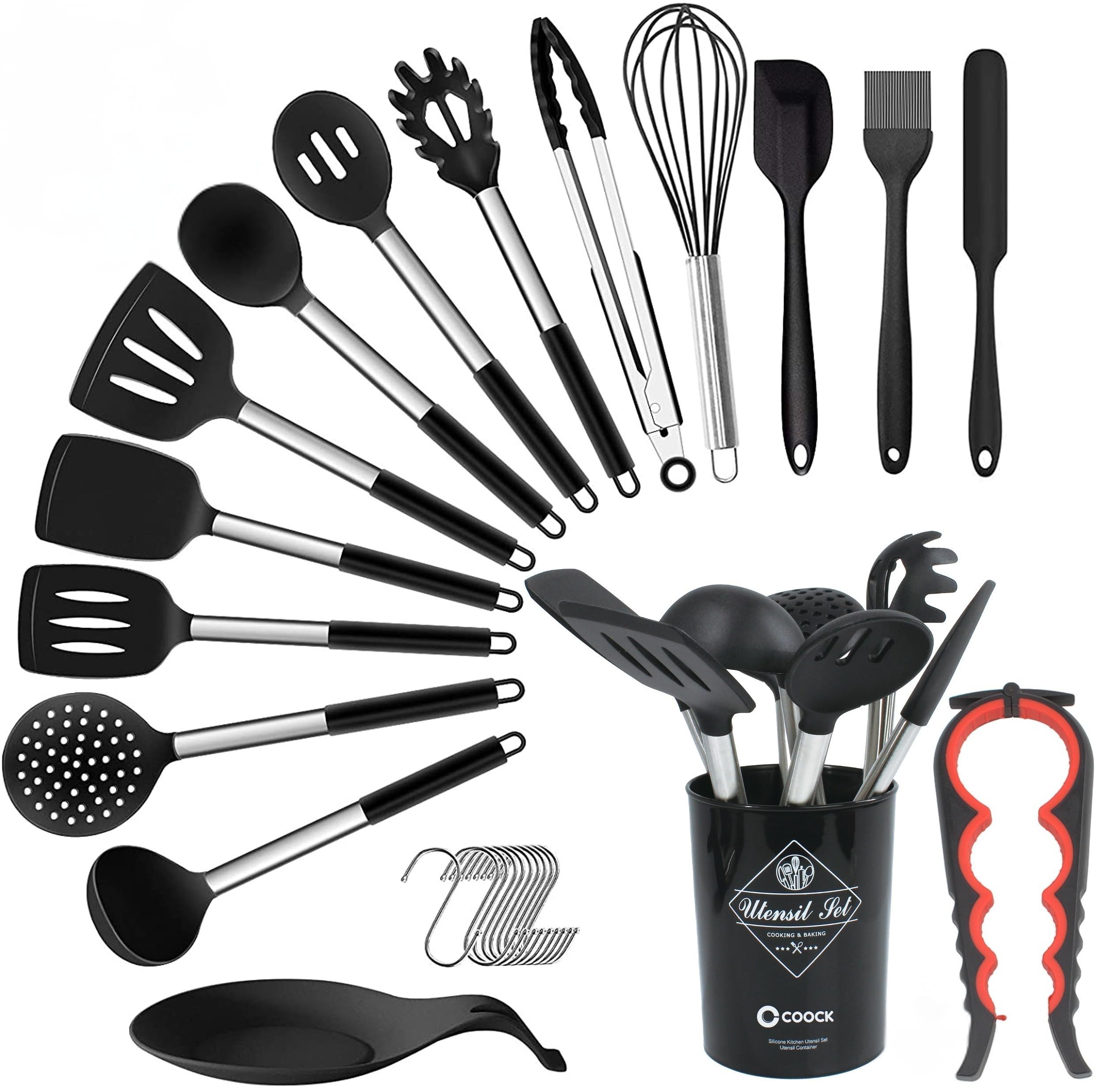 Set di 26 utensili da cucina XL con supporto – nero | Strumenti in silicone resistenti al calore e supporto in acciaio inox senza BPA, lavabili in lavastoviglie, sicuri antiaderenti, di alta