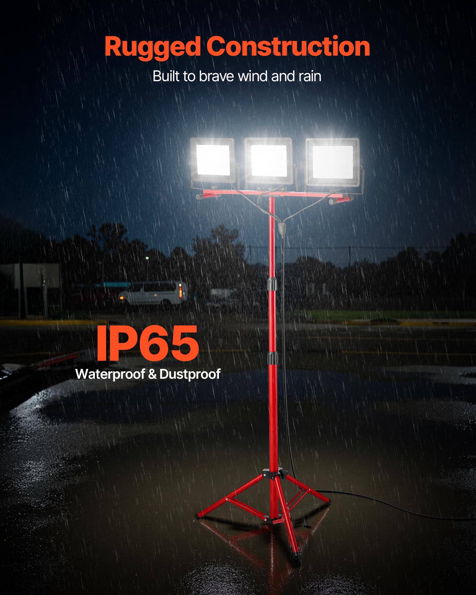 VEVOR Luz de Trabajo LED con Soporte, 15 000 Lúmenes, Luz de 3 Cabezales con Interruptor Individual, Trípode y Cable de Alimentación de 3,3 m para Obras de Construcción, Resistente al Agua IP65