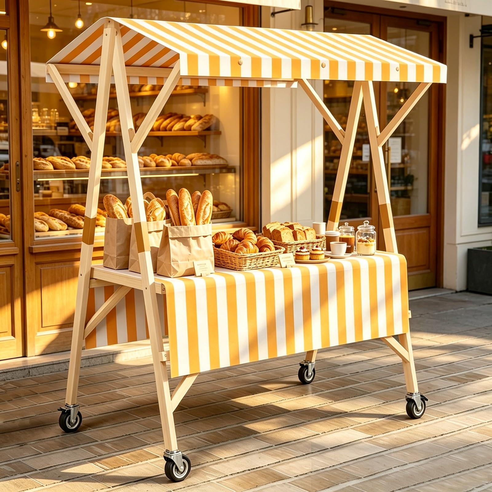 PAKMEZ Carrito Expendedor Plegable, Carrito De Comida De Madera con Ruedas(Yellow,150cm/59in)