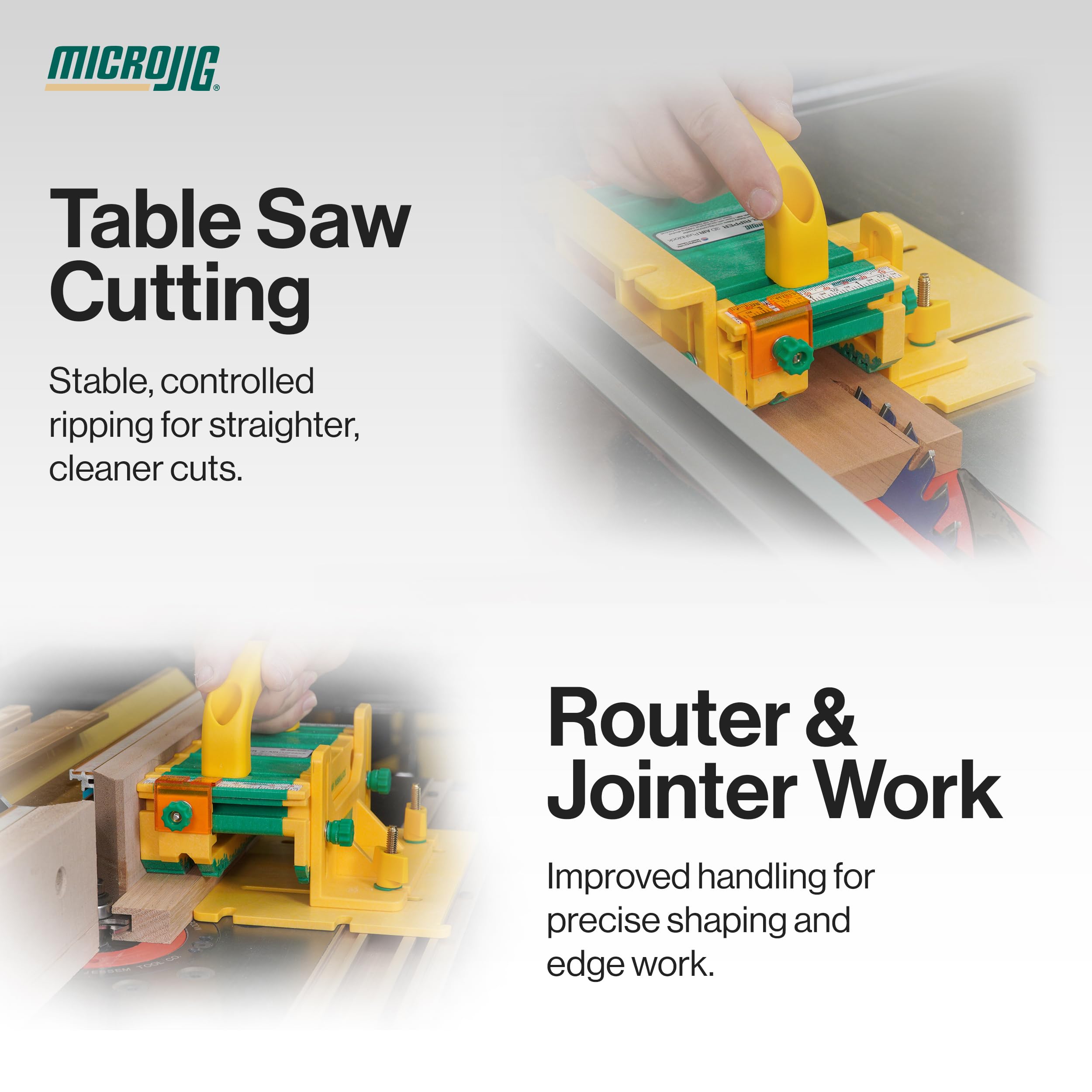 MICROJIG GRR-RIPPER - Bloque de empuje para sierra de mesa para corte de precisión, herramienta de seguridad para carpintería con control de agarre mejorado, compatible con enrutador y ensambladora