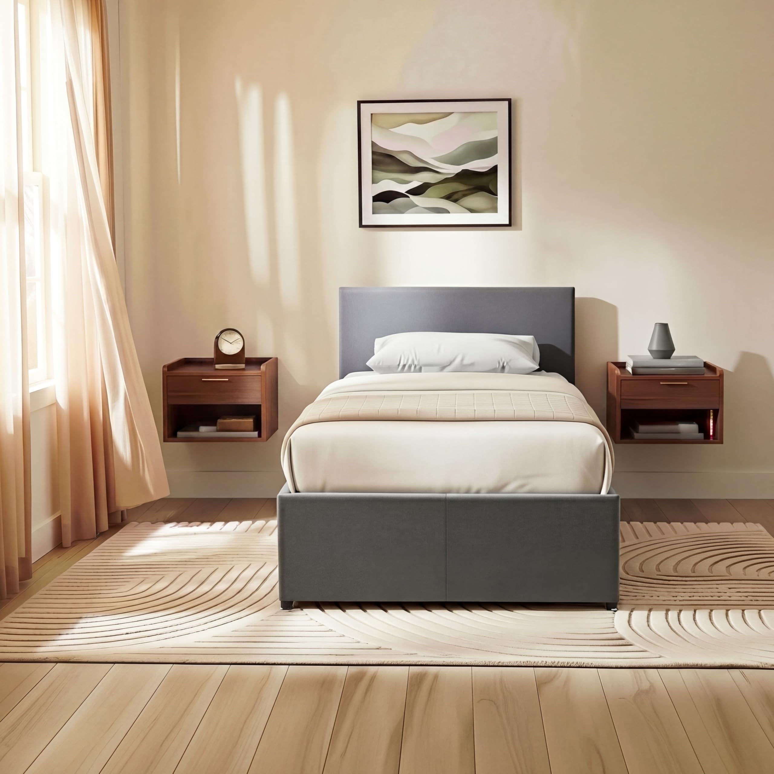 Vida Designs Veronica Single Ottoman Bed Frame | Light Grey Linen | Upholstered Fabric | 3ft | Gas-Lift End Opening | Under-Bed Storage Space, Slatted Bed Base | Bedroom Furniture