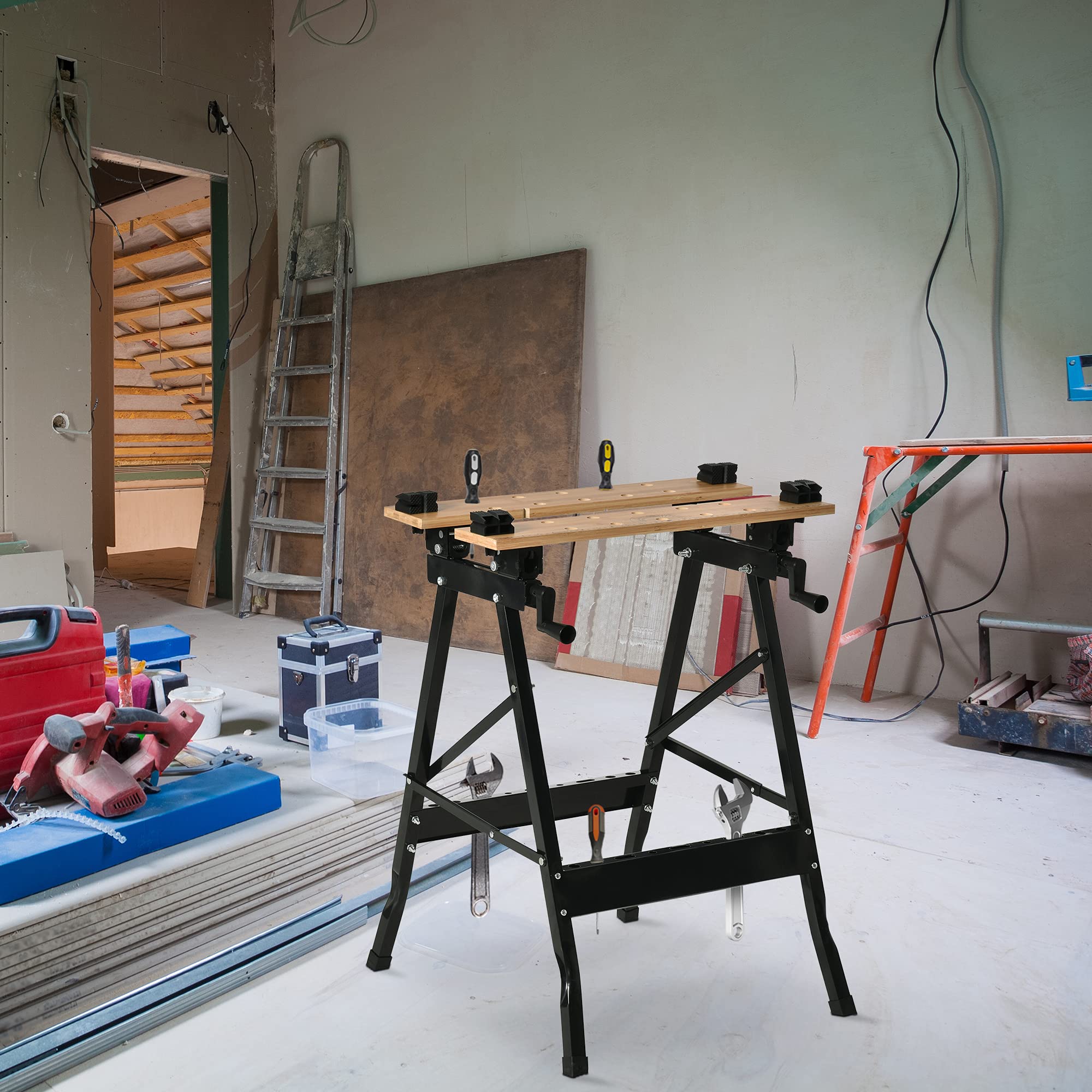 HOMCOM Établi Pliant établi de Serrage avec 4 Serre-Joints Table de Travail chevalet de sciage, Charge 150 kg, Structure en Acier, Plan de Travail pour Chantier Atelier Garage, 63,5x60,5x78cm, Noir