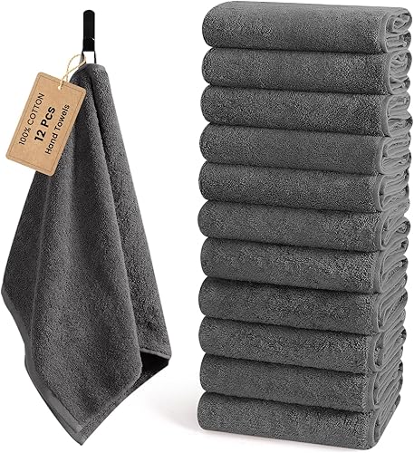 SEMAXE - Paquete de 12 toallas de mano para baño, toallas 100 % algodón con bucles para colgar, suaves y altamente absorbentes, toallas de mano para