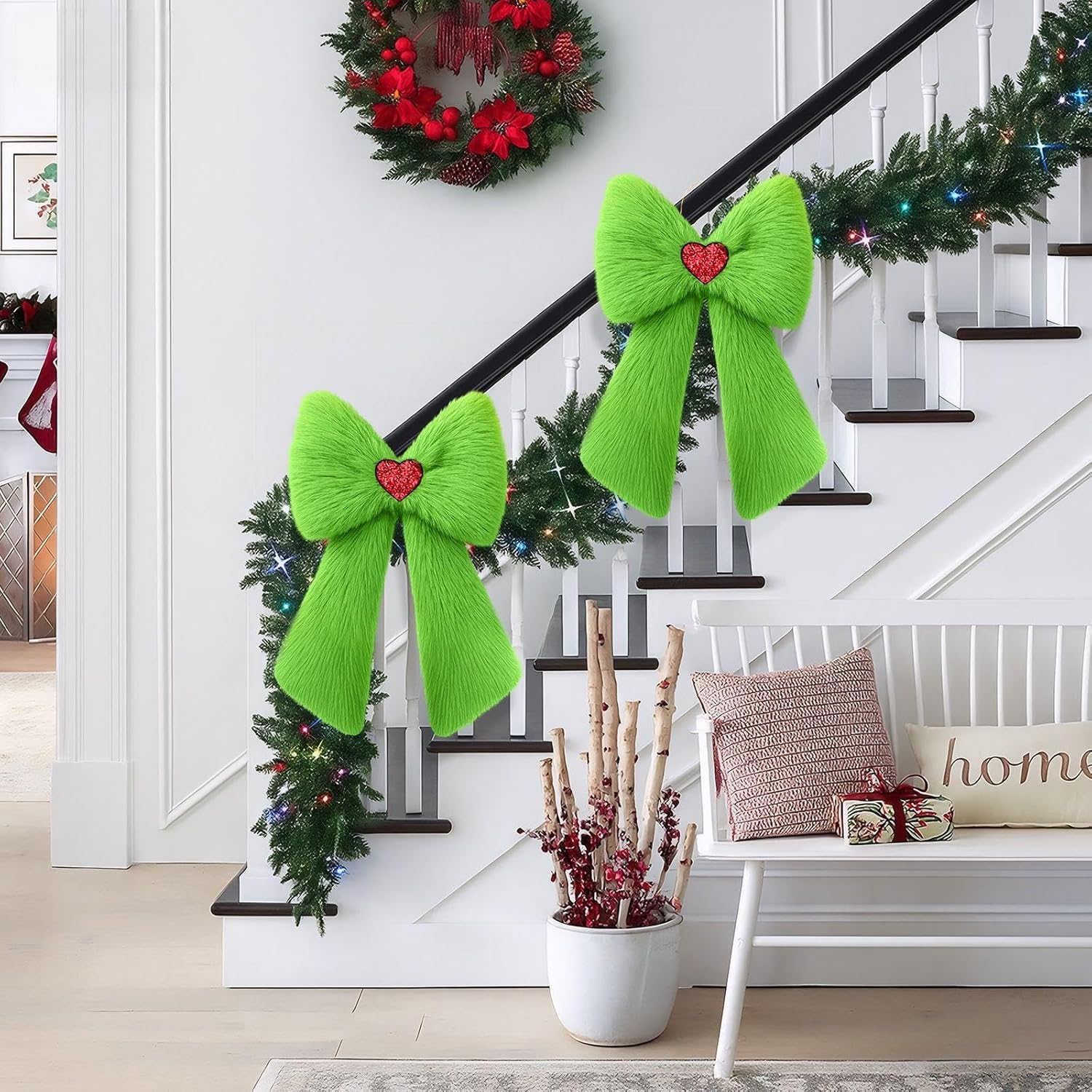 Soulchen 2 Pcs Extra Large Green Christmas Bows Ornaments 23.6" x 13.8" Lime Green Plush Christmas Tree Topper Decorations Furry Xmas Tree Topper for Wreath Door Window Fireplace Staircase Decor
