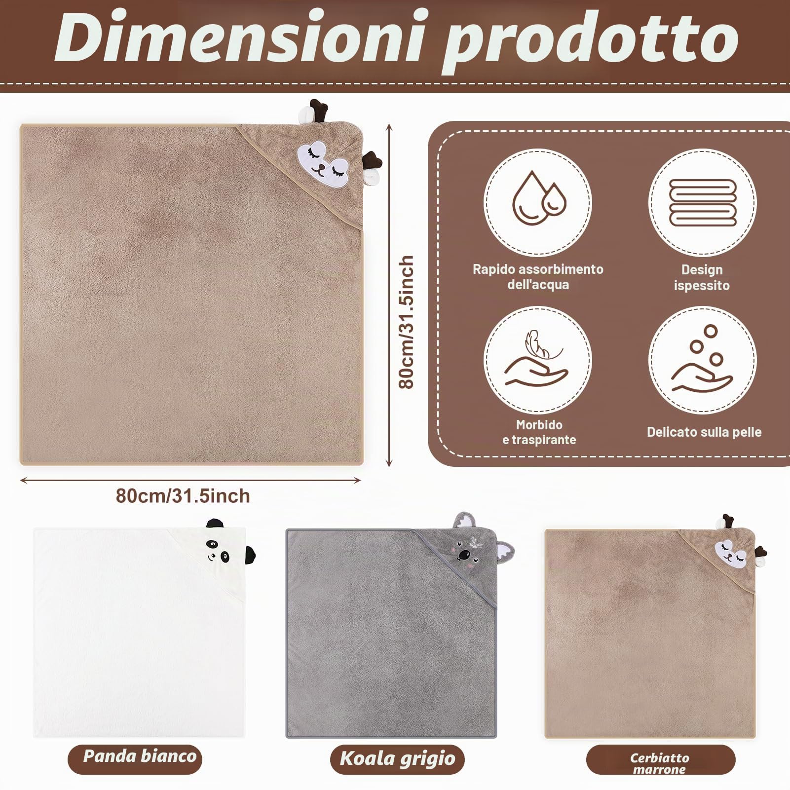 3 asciugamani da bagno con cappuccio per bambini, asciugamano per bebè, asciugamano per neonato, asciugamano da bagno per piscina, 80 x 80 cm, mantello da bagno 0-5 anni, cachi, bianco, GR