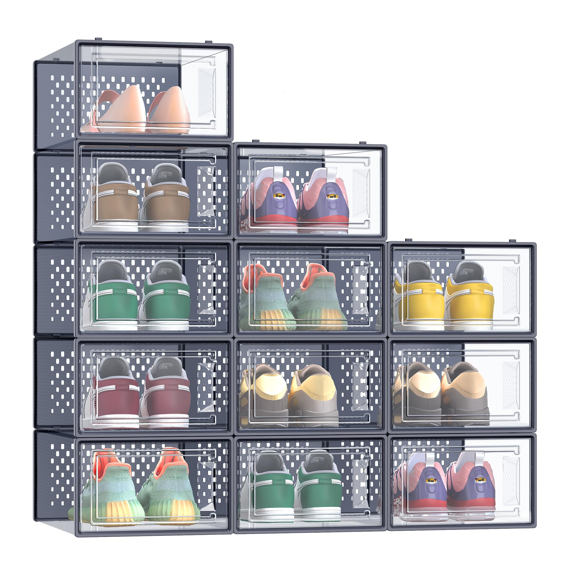 SONGMICS Scatole per Scarpe, Pacco da 12, Pieghevoli e Impilabili | Contenitori per Scarpe, Fino a Taglia 44, Trasparente e Blu Carbone, Collezione DENNYS LSP12SB30