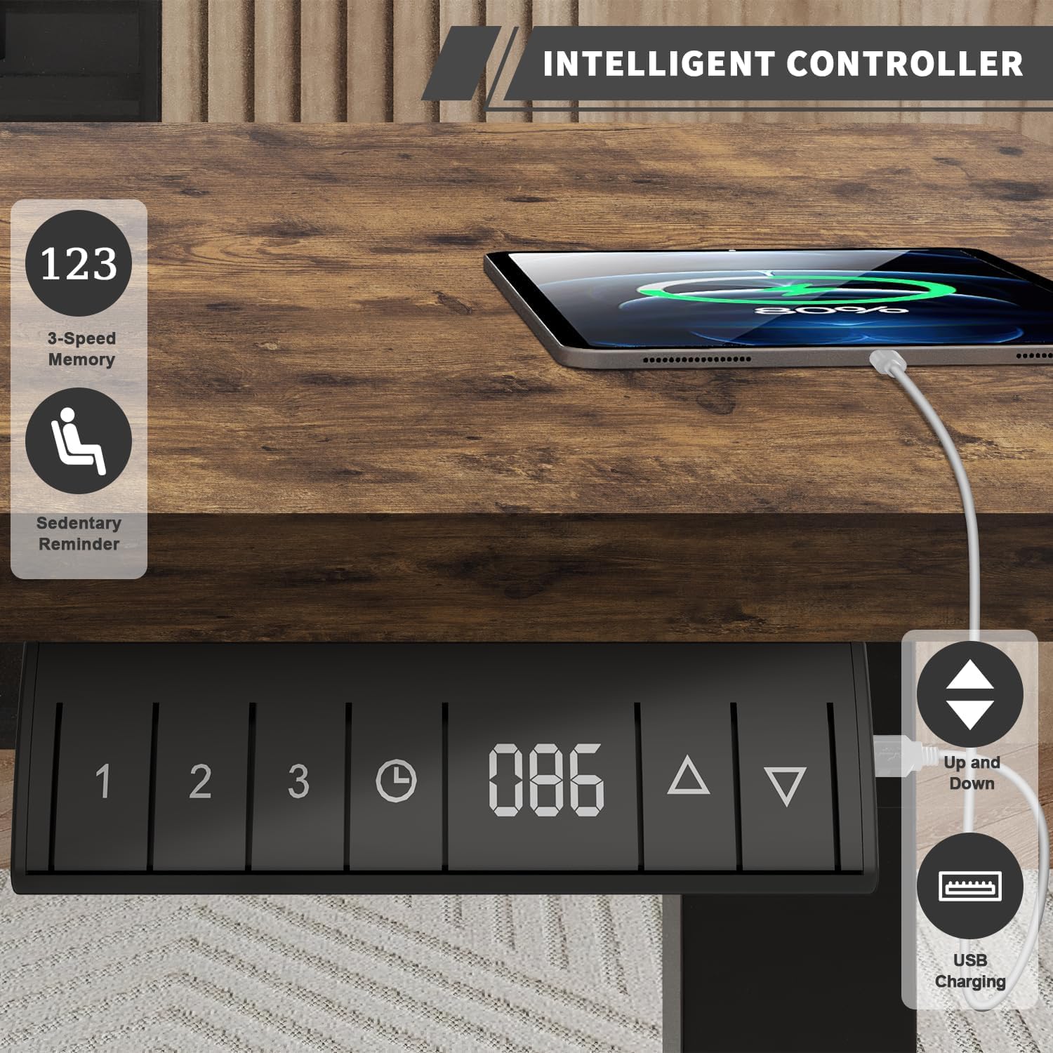 JUMMICO Höhenverstellbarer Schreibtisch 200 x 80 cm mit Kabelwanne, Höhenverstellbar Elektrisch Stehpult mit USB-Buchse, Computertisch, Ergonomischer Steh-Sitz Tisch, Bürotisch, Vintage-Braun