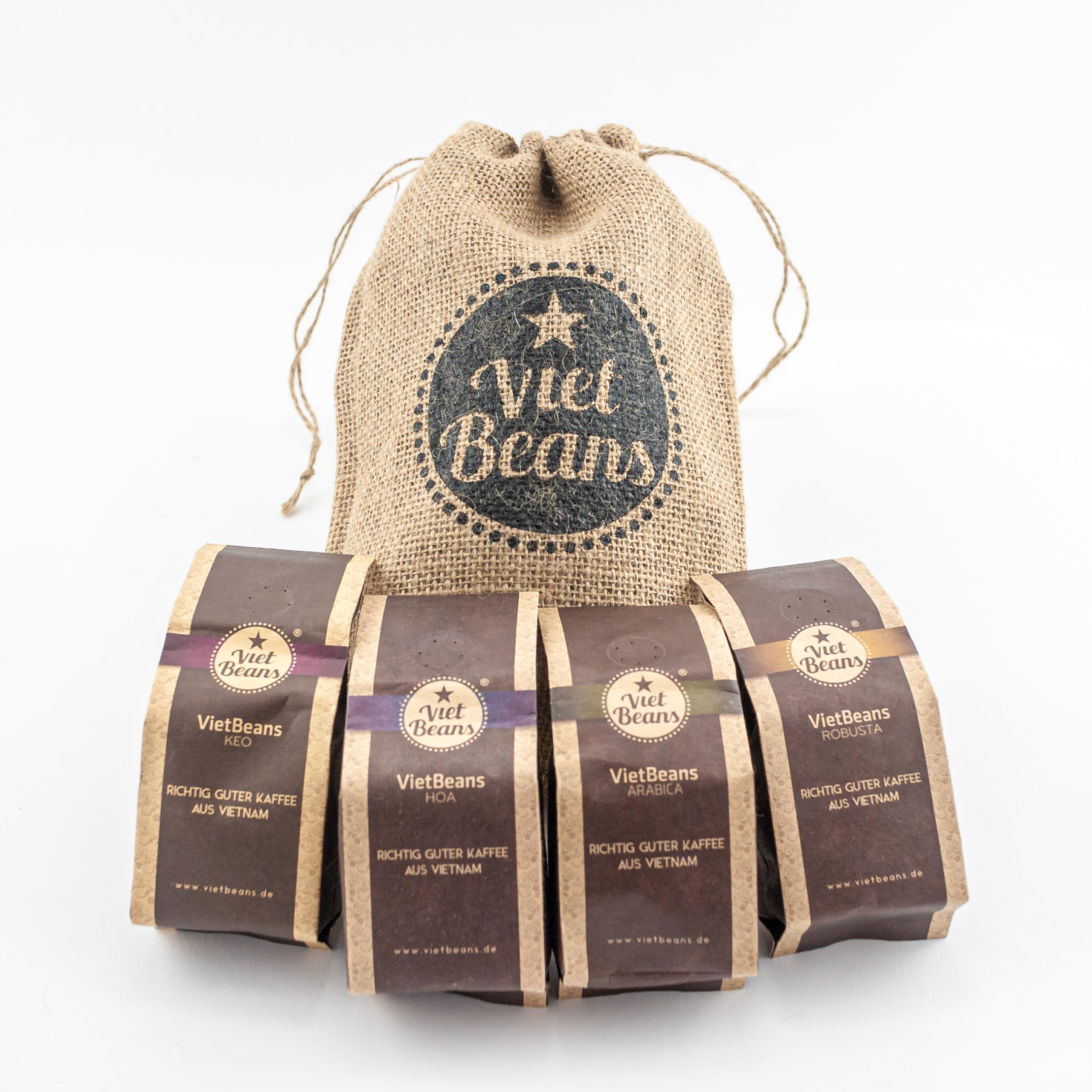 Kaffee Geschenk für Kaffeeliebhaber - Kaffeesack Jute - Vier Sorten exotischer Kaffee im Jutesack -Geschenkidee - Geschenk für Kaffeetrinker - Probierset - Gemahlen