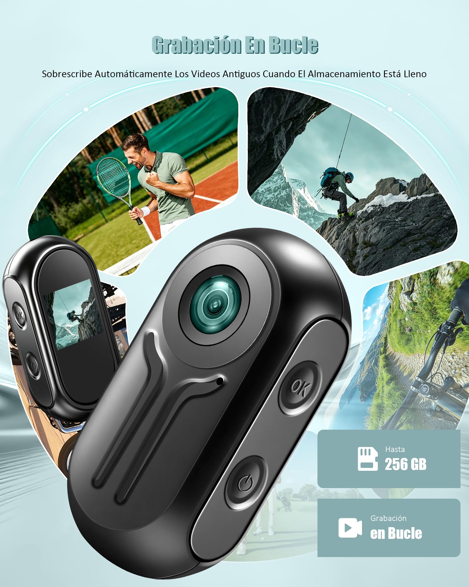Cámara deportiva 2K Full HD, cámara de acción Vlog WiFi Mini, cámara de casco de moto gran angular de 120°, cámaras integradas para deportes al aire libre, cámara Vlog, Dashcam Moto, tarjeta