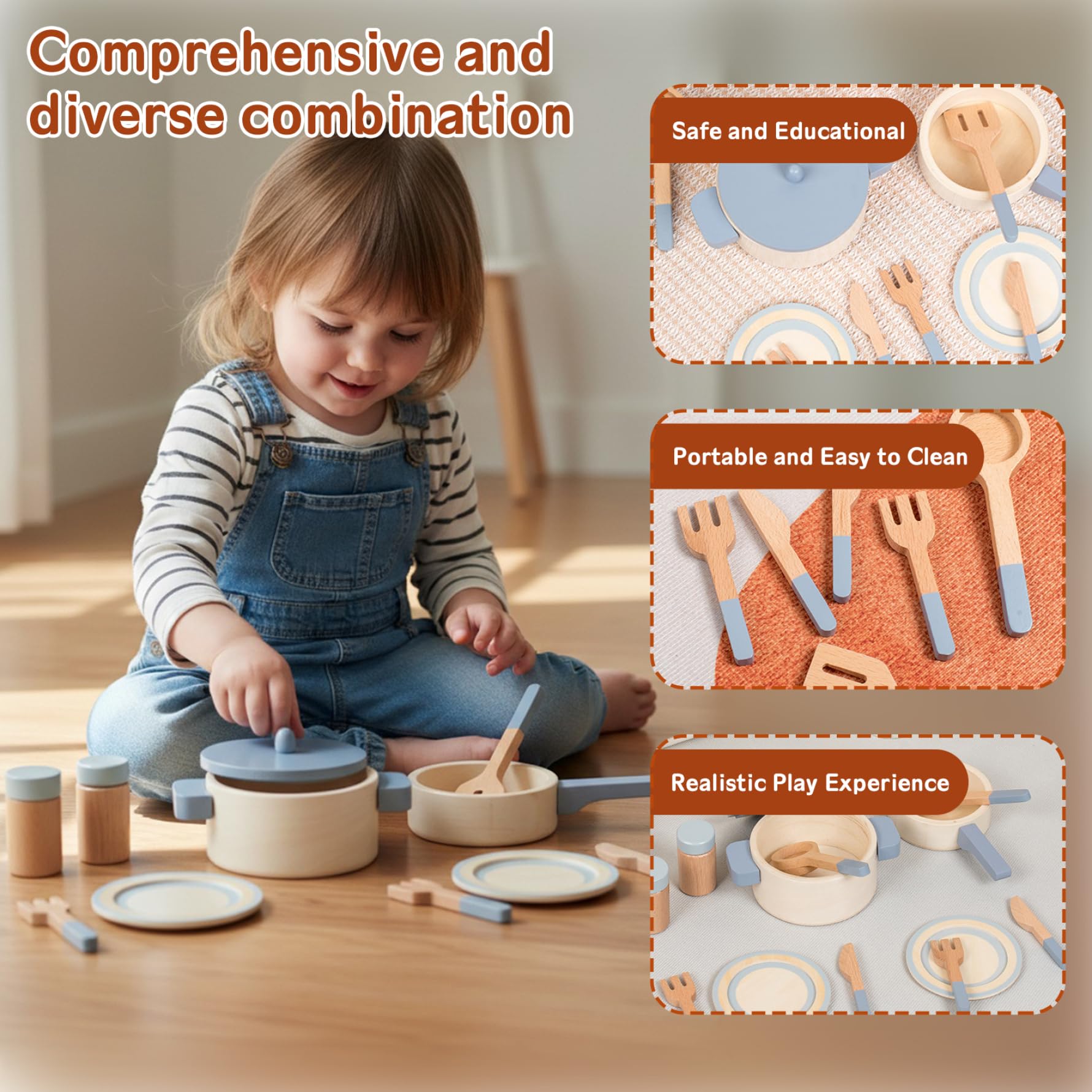 Accessoires de cuisine pour enfants, accessoires de cuisine jouets – Casseroles et poêles en bois pour les tout-petits à partir 3 ans – Batterie pour garçons et filles en plein air