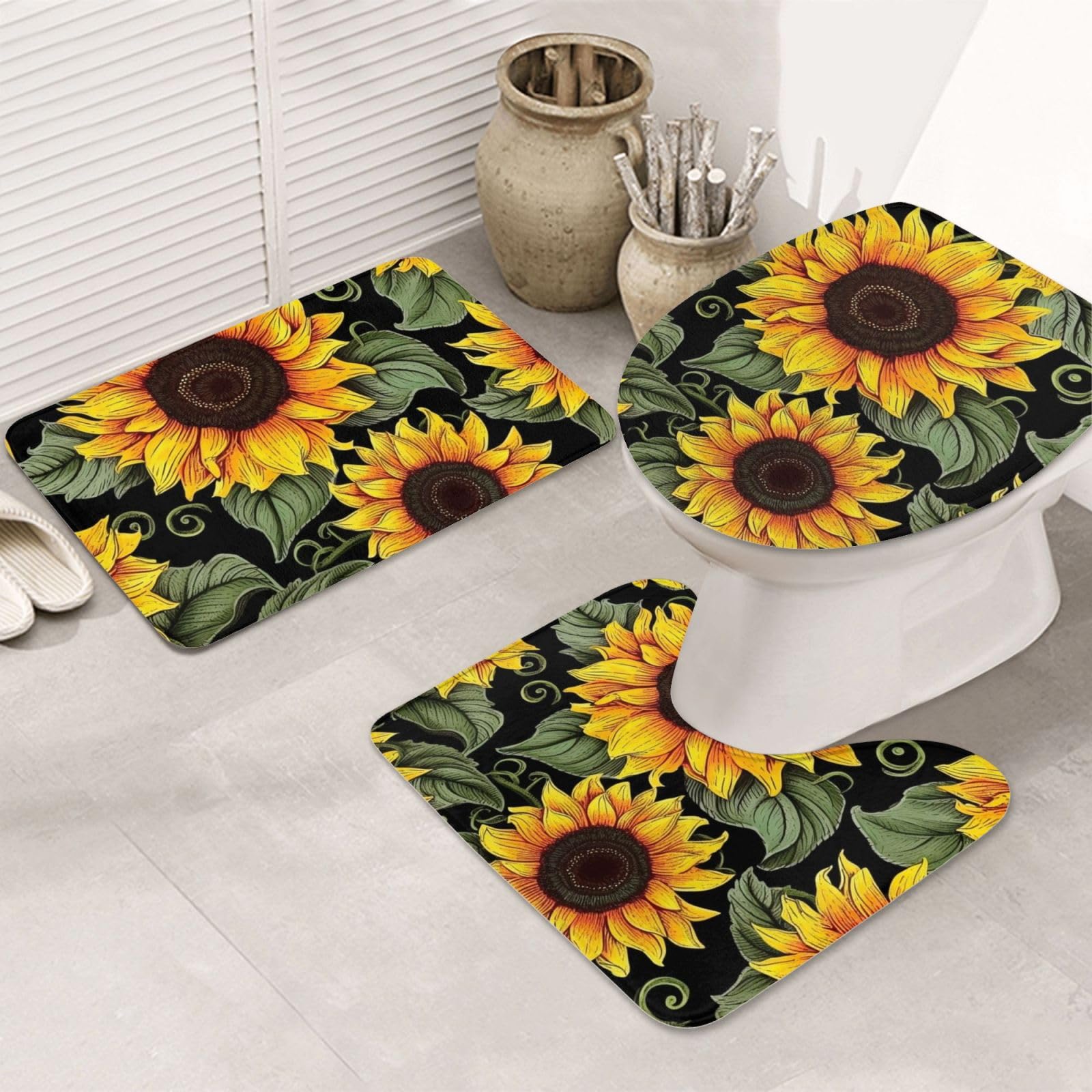 Dwrepo Floral Sunflower Print Bathroom Rug Set 3 Piece with Non-Slip U-Shaped Contour Mat and Toilet Lid Cover for Bathroom Decoration
