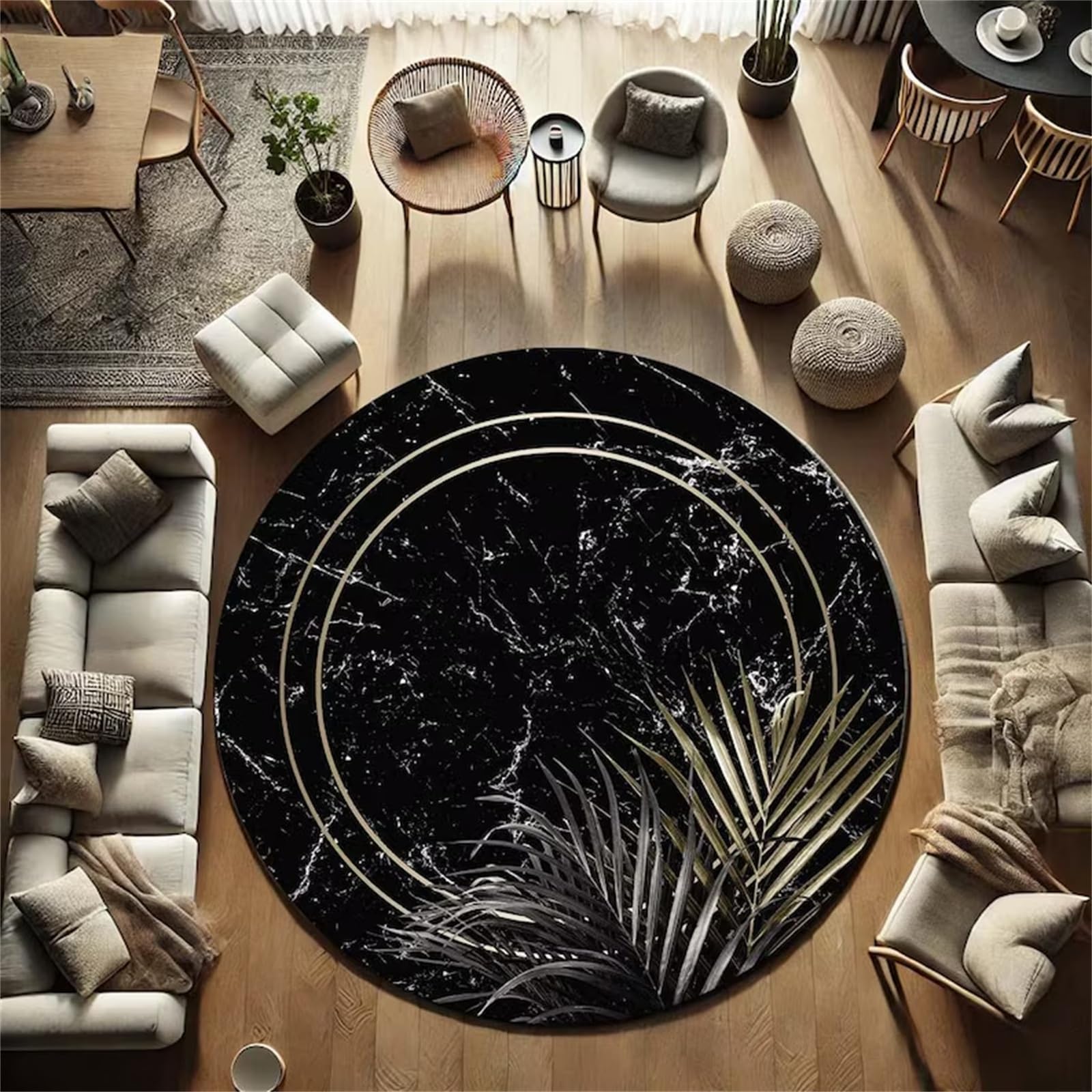 USHIRUG Black Round Rug, 3.3ft Retro Leaf Marble Texture, Washable circle Rug, Soft, Non-Slip, Abstract Low-Pile Rugs, Pet- and Child-Friendly Round Carpet for Living Room, Bedroom, Bedside