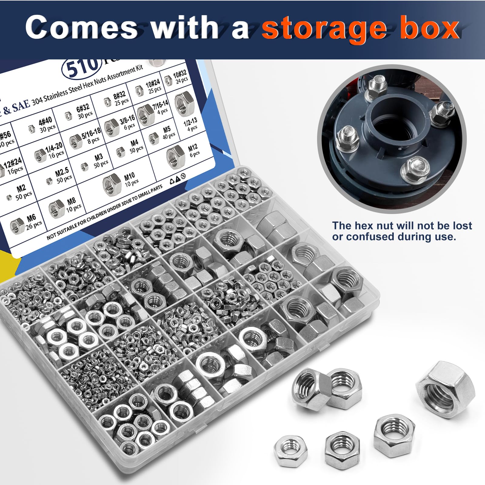 ZQZ 510 Pcs SAE & Metric Hex Nut Assortment Kit;304 Stainless Steel Nut Set — Amazon image 6